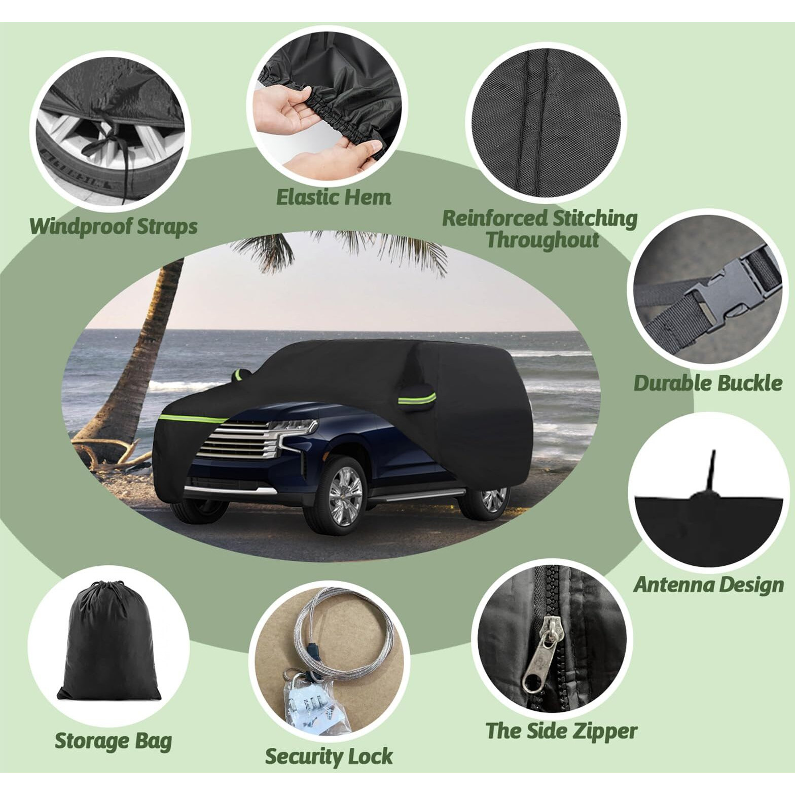 6 Layer Car Cover For 2007-2025 Chevy Suburban/Gmc Yukon Xl/Cadillac Escalade Esv  Waterproof All-Weather Protection Suburban Full Car Cover With Door Zipper & Cotton Lining (Black)