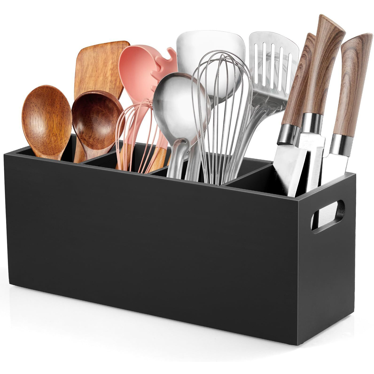 Alelion Large Utensil Holder With Removable Divider - 4 Compartment Wooden Utensil Caddy Organizer For Kitchen Counter - Black Cooking Utensil Crock For Countertop