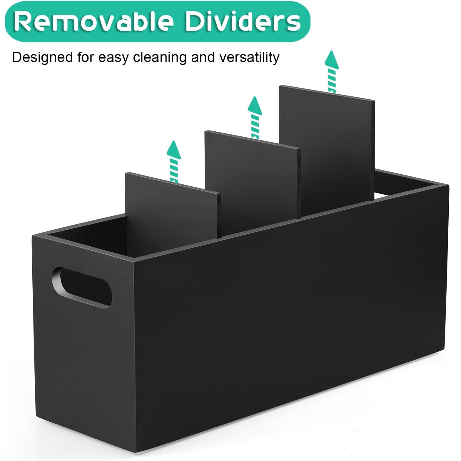 Alelion Large Utensil Holder With Removable Divider - 4 Compartment Wooden Utensil Caddy Organizer For Kitchen Counter - Black Cooking Utensil Crock For Countertop
