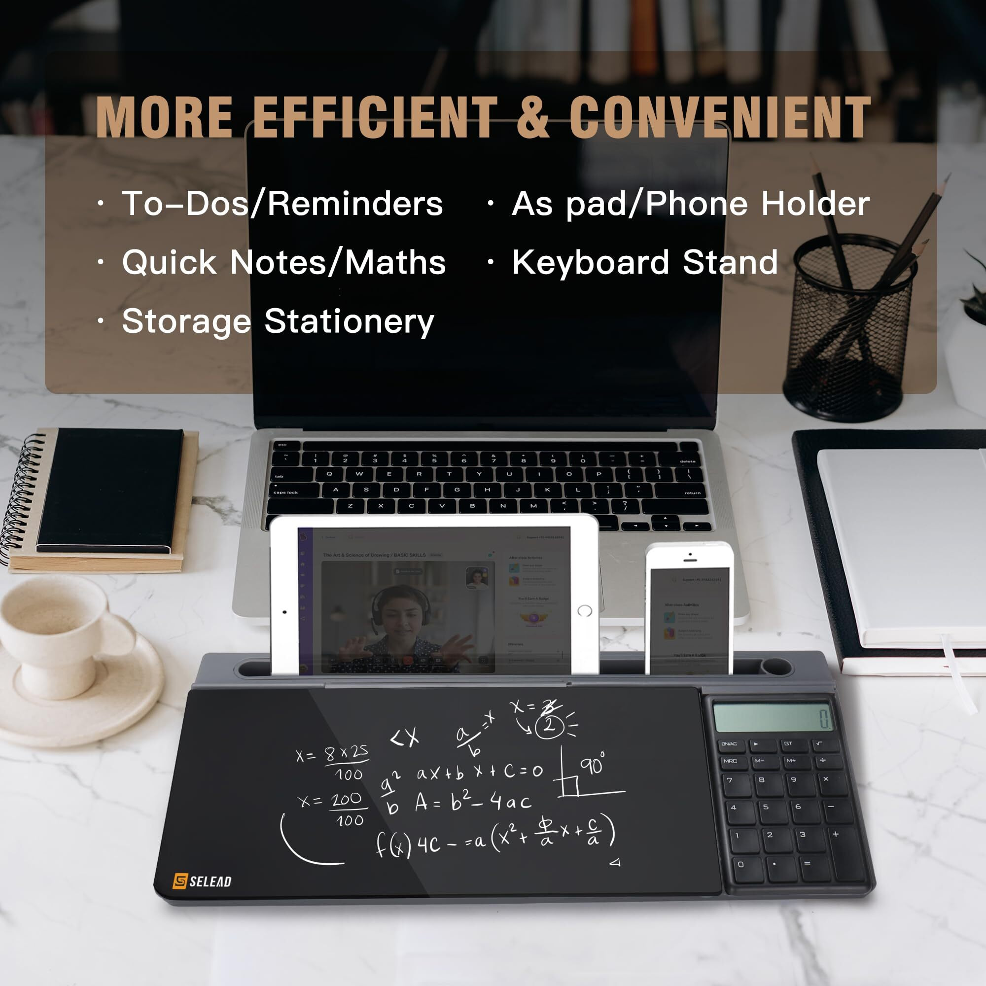 Selead Desktop Glass Whiteboard With Calculator  Organizer  Markers  Eraser  Holder - Black Dry Erase White Board Computer Pad Keyboard Stand For Home  School  Office Desk Cubicle Accessories