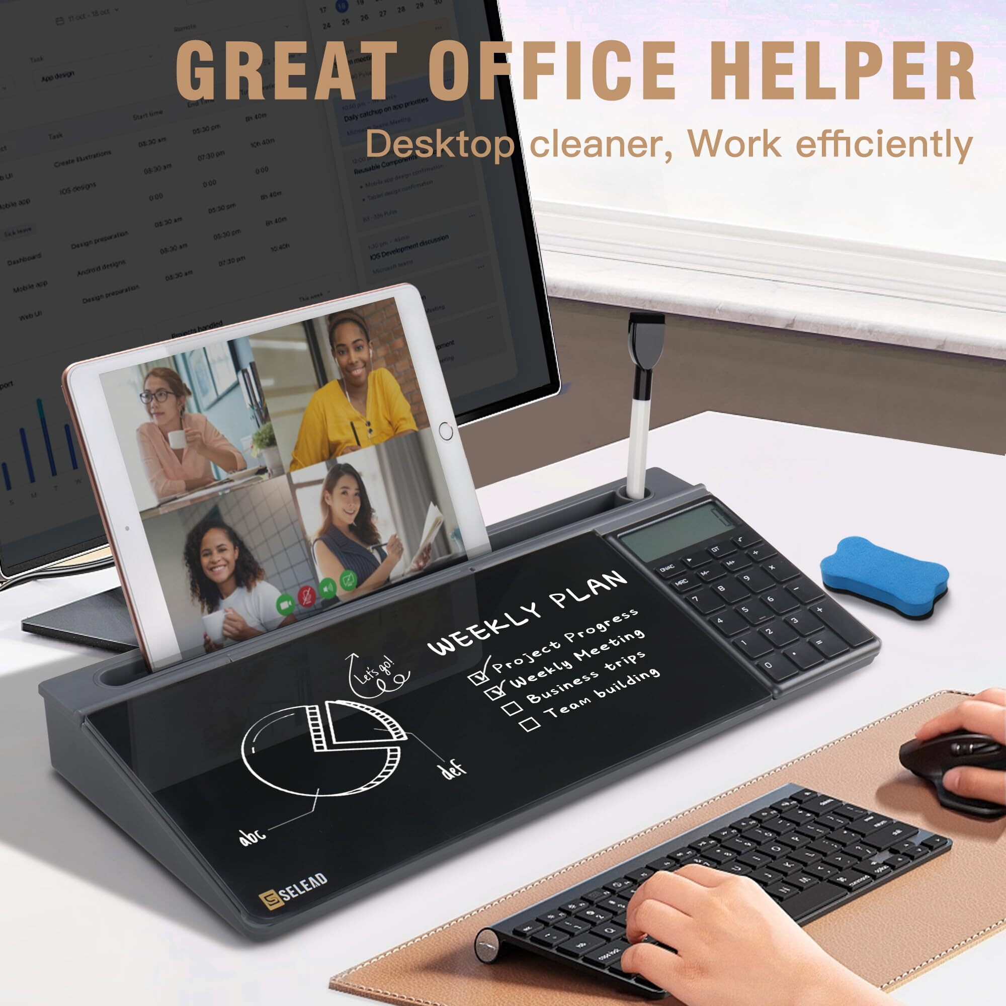 Selead Desktop Glass Whiteboard With Calculator  Organizer  Markers  Eraser  Holder - Black Dry Erase White Board Computer Pad Keyboard Stand For Home  School  Office Desk Cubicle Accessories