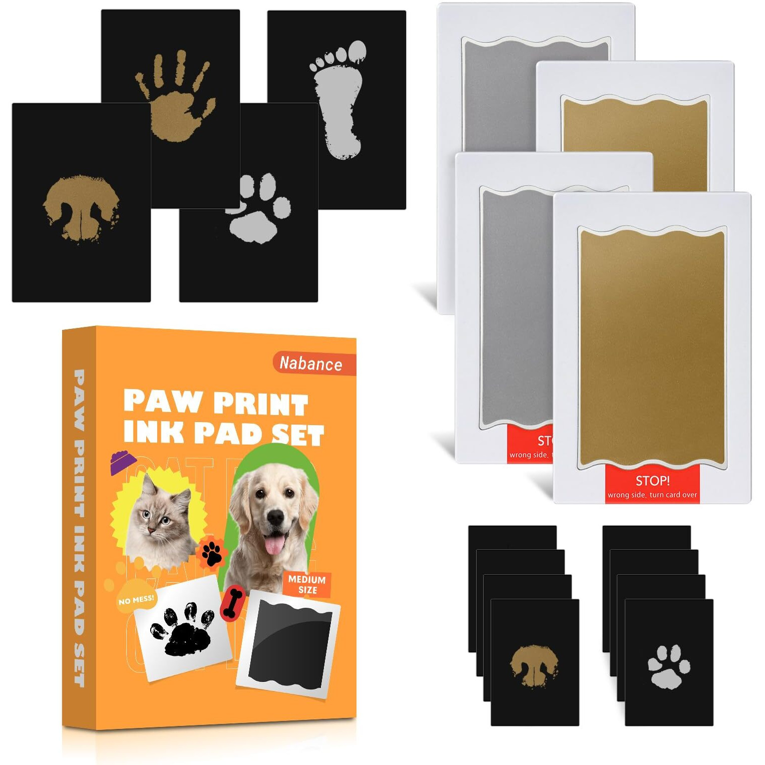 Nabance Dog Paw Print Kit  Paw Print Kit For Dog Cats  Pet Paw Print Impression Kit With 4 Gold And Silver Inkless Print Pads  8 Black Imprint Card  Dog Nose Print Kit  Ink Pad For Dog Paw Prints