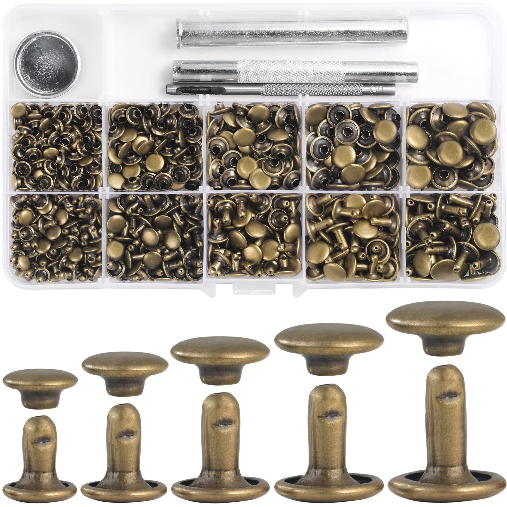 Yoranyo 340 Sets Leather Rivets Kit Mixed Sizes Rivets For Leather Double Cap Rivets Studs For Clothing Fabric With Leather Crafting Rivet Tool For Repair Decorate Clothes Shoes Bags Belts (Bronze)
