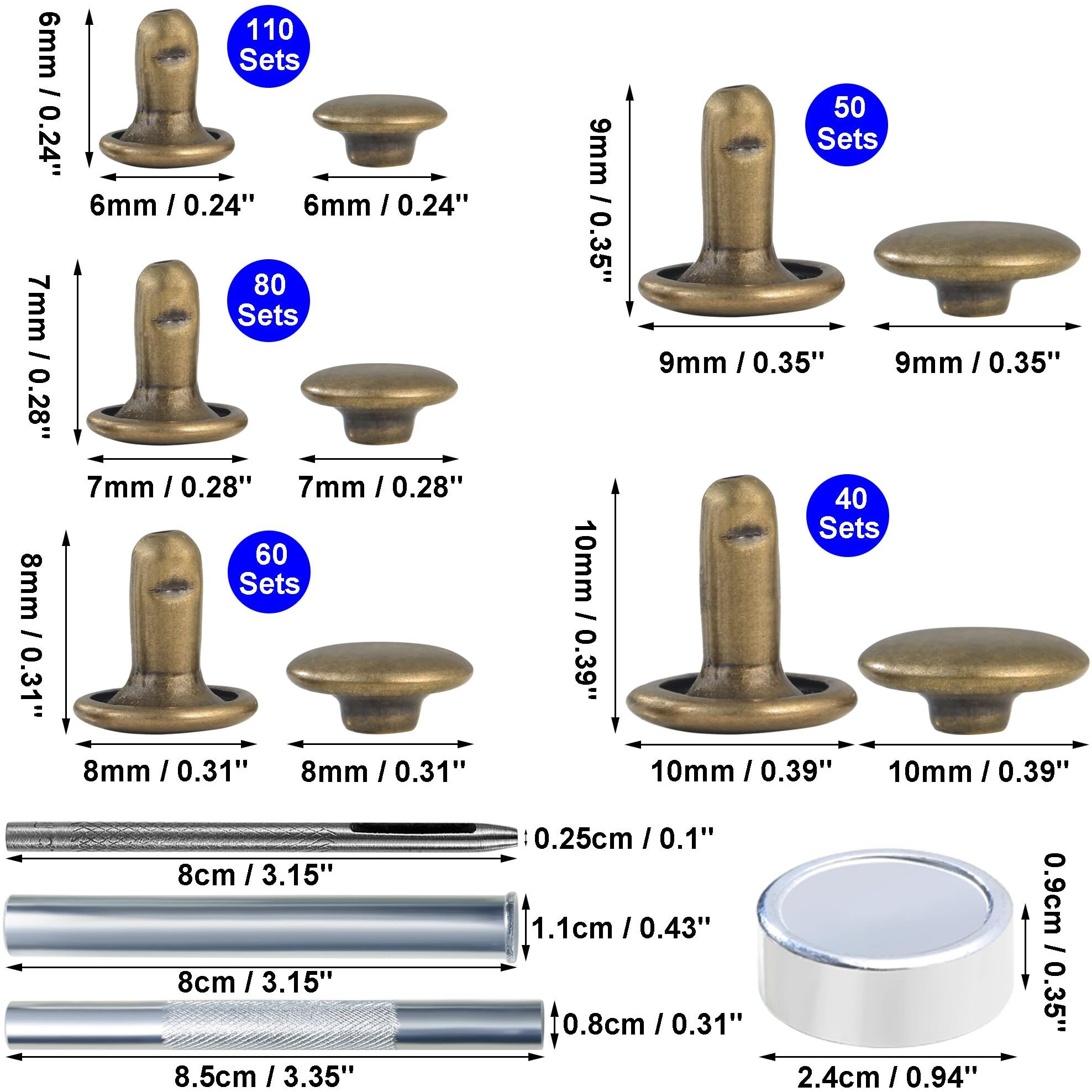 Yoranyo 340 Sets Leather Rivets Kit Mixed Sizes Rivets For Leather Double Cap Rivets Studs For Clothing Fabric With Leather Crafting Rivet Tool For Repair Decorate Clothes Shoes Bags Belts (Bronze)