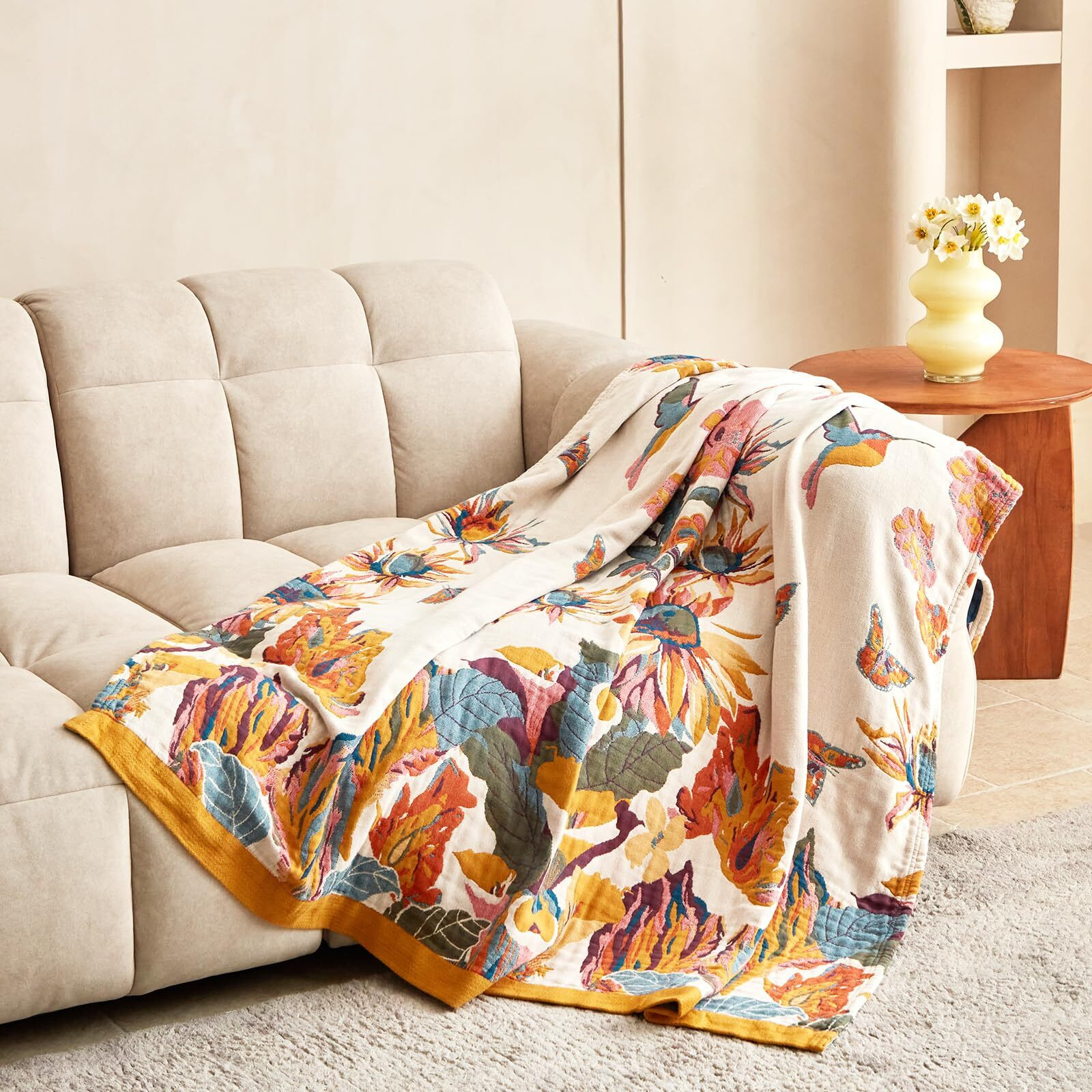 Msgkv Boho Throw Blanket For Couch And Sofa Cotton Cover For Living Room Floral Throw Cozy Blankets (D-Flower And Butterfly  50"" X 60""(Throw))