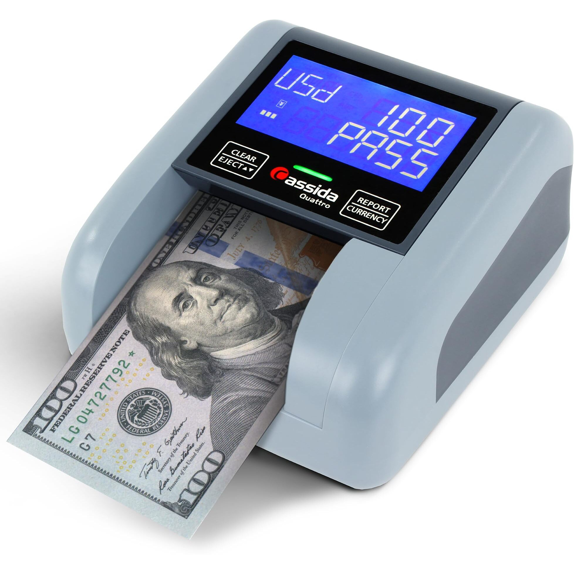 Cassida Quattro Fast Automatic Currency Counterfeit Detector With Advanced Sensors (Uv Mg Ir Mt Thickness Size) - All-Orientation Feeding - Rechargeable Battery - 3.5"" Value & Pass/Fail Display
