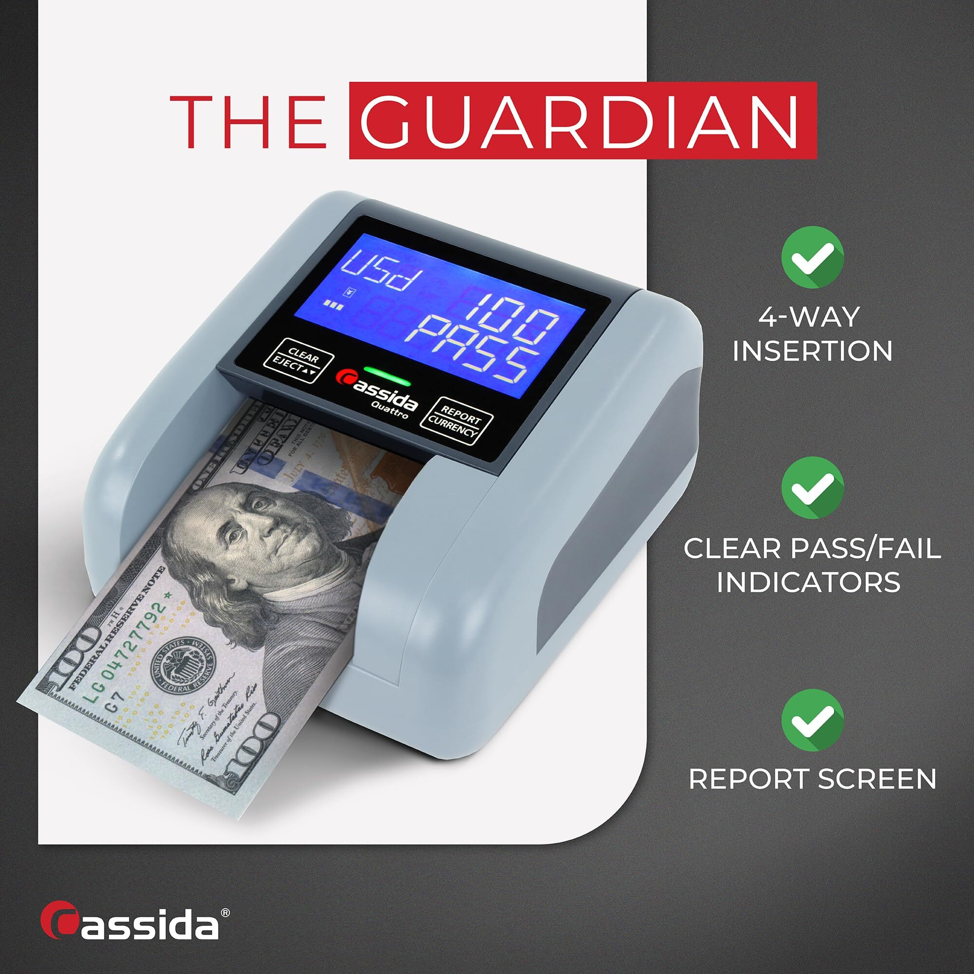 Cassida Quattro Fast Automatic Currency Counterfeit Detector With Advanced Sensors (Uv Mg Ir Mt Thickness Size) - All-Orientation Feeding - Rechargeable Battery - 3.5"" Value & Pass/Fail Display