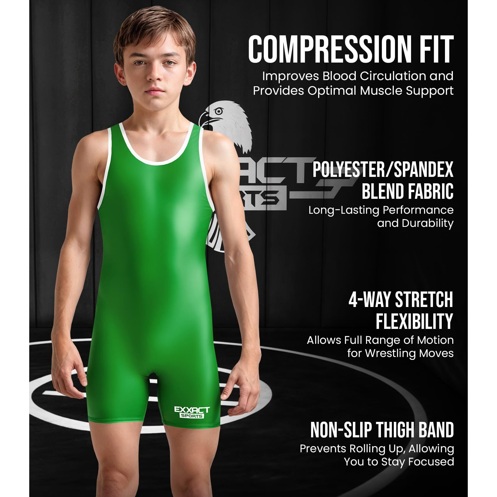 Exxact Sports Plain Youth Wrestling Singlet For Boys  Premium Powerlifting Singlet  Kids Wrestling Singlets For Training - (Green  Ym)
