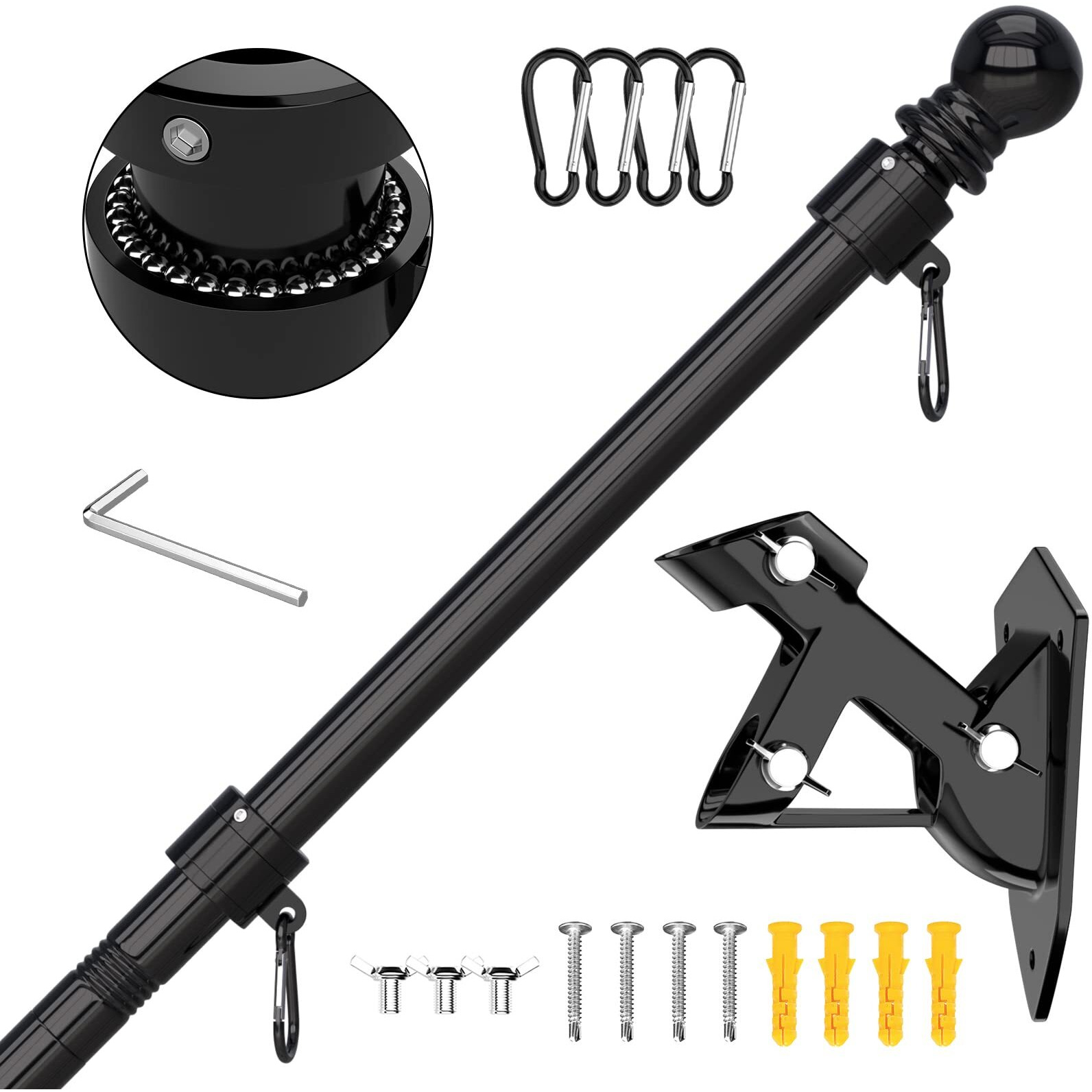 Fiason Flag Pole Kit Tangle Free Flagpole With Upgraded Bracket  5 Ft Stainless Steel Flag Poles For Outside House  Residential Or Commerical(Without Flag  Black)