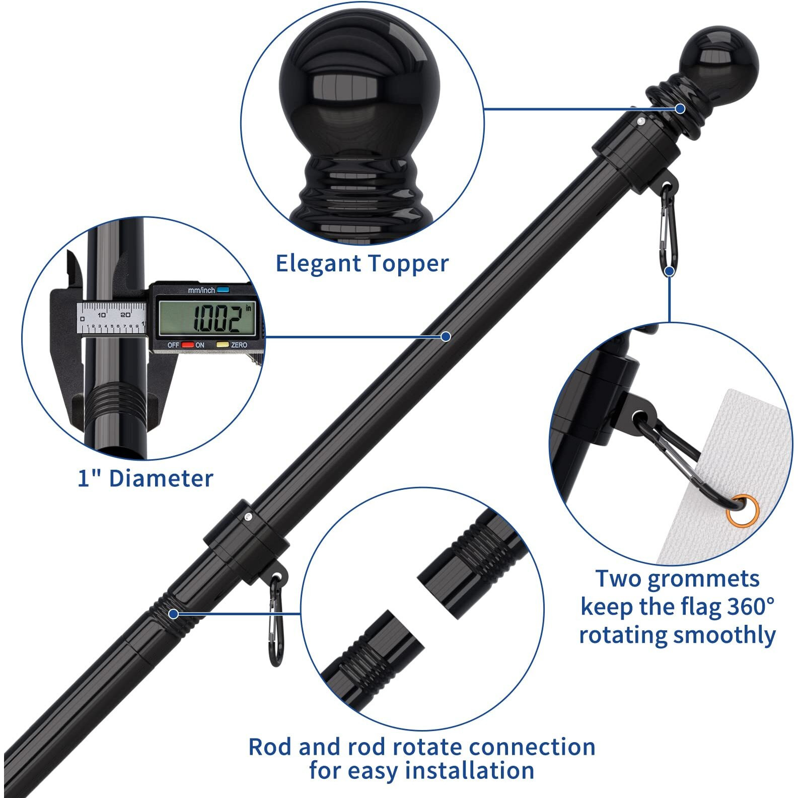 Fiason Flag Pole Kit Tangle Free Flagpole With Upgraded Bracket  5 Ft Stainless Steel Flag Poles For Outside House  Residential Or Commerical(Without Flag  Black)