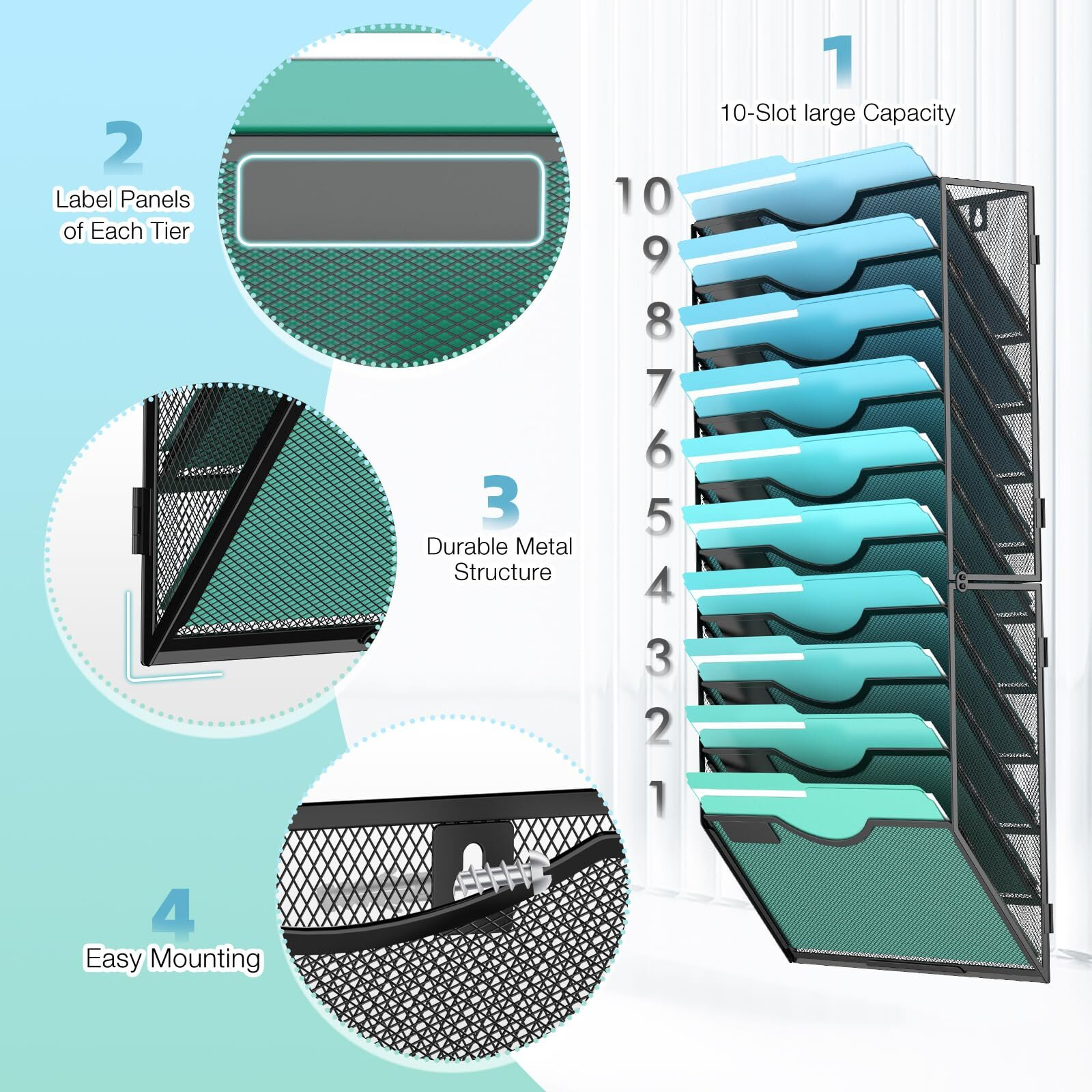 Gawerk 10-Tier Wall File Organizer Hanging Wall File Holder Wall Mount Paper Folder Organize  Mesh Magazine Document Mail Organizer Wall Organizer For Office School Home  Black