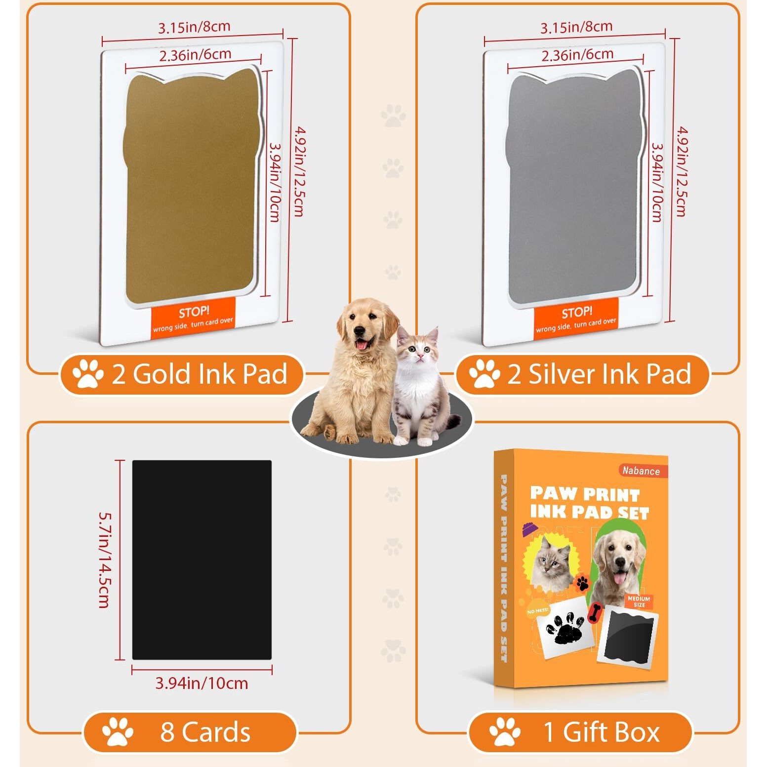 Nabance Pet Paw Print Impression Kit With 4 Gold And Silver Inkless Pads  8 Black Imprint Cards - For Dogs And Cats  Clean Touch Footprint And Nose Print