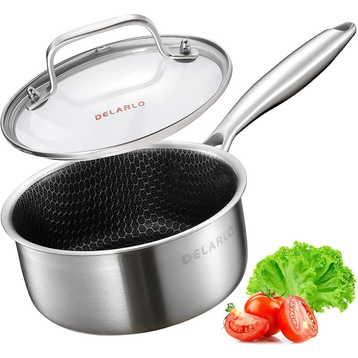 Delarlo Tri-Ply Hybrid Stainless Steel Sauce Pan  Hybird 1.5Qt Non Stick Pots  All Stove Safe Up To 600  Sauce Pot 1.5 Quart Non Stick Sauce Pan  Saucier Pan  Honeycomb Pan Small Saucepan  Lids 300