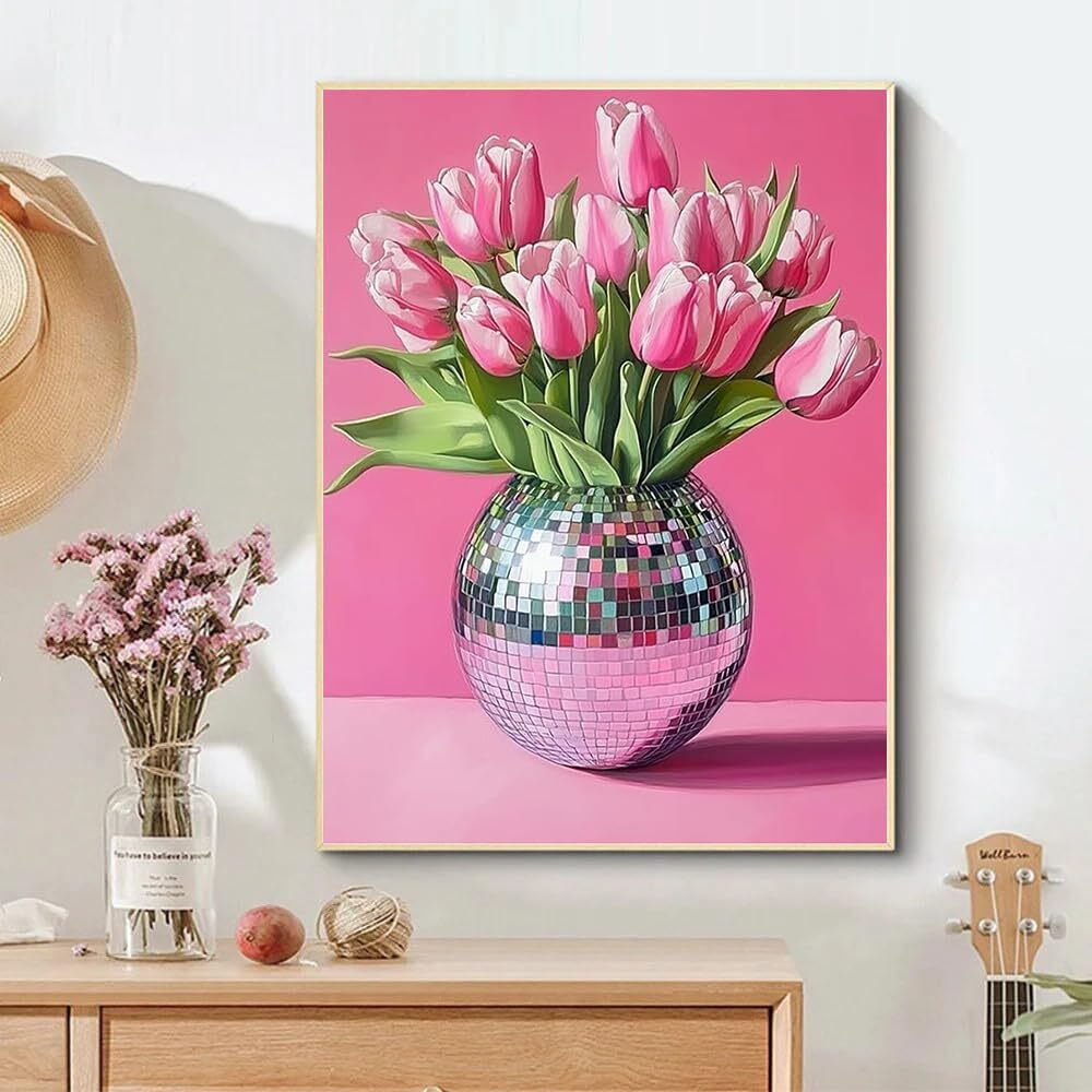 Pink Tulips Diamond Painting Kits For Adults  5D Diamond Art Painting By Numbers Kits  Diy Diamond Dots Art Kits  Full Round Drill Diamond Paintings For Adults For Home Wall Decor [11.8X15.7 Inch]
