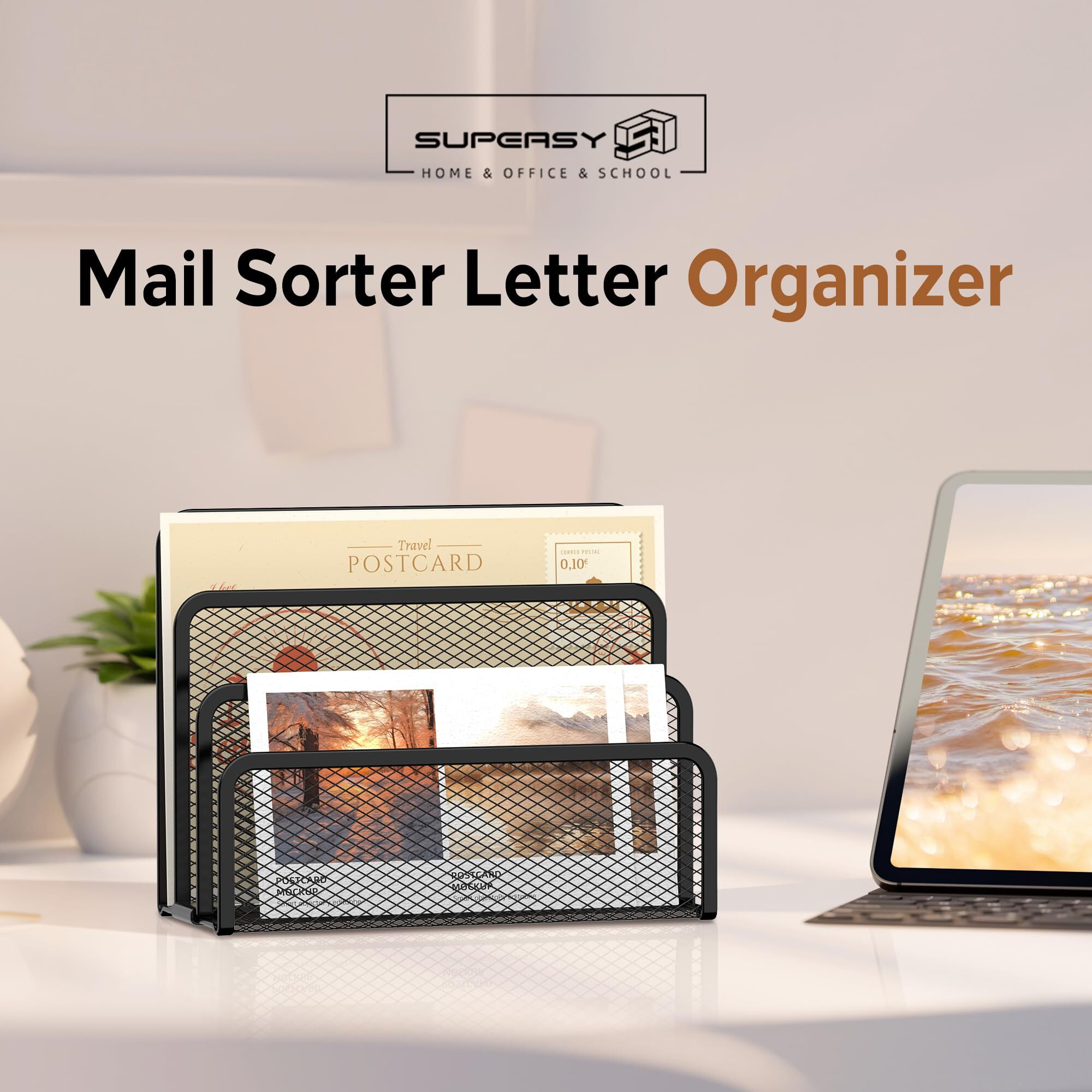 Supeasy Mail Organizer For Desk  Mesh Metal Mail Holder Countertop With 3-Slot  Letter Sorter File Holder  Office Envelope Organizer For Mails (Black)