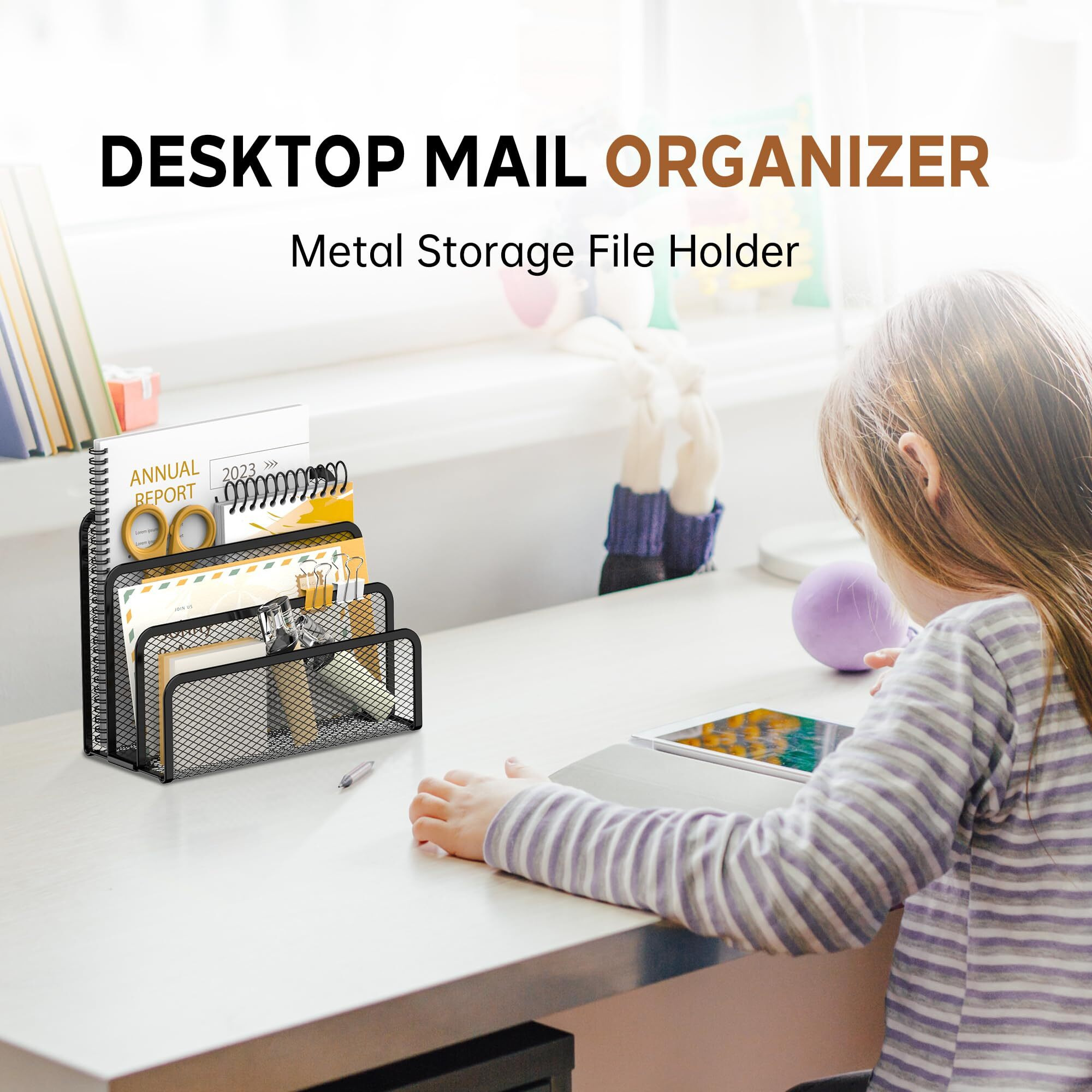 Supeasy Mail Organizer For Desk  Mesh Metal Mail Holder Countertop With 3-Slot  Letter Sorter File Holder  Office Envelope Organizer For Mails (Black)