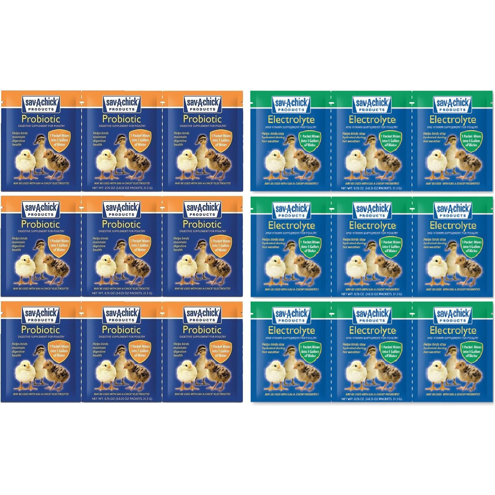 18 Piece Bundle - 9 Packets Of Sav-A-Chick Electrolyte And Vitamin Plus 9 Packets Of Sav-A-Chick Probiotic
