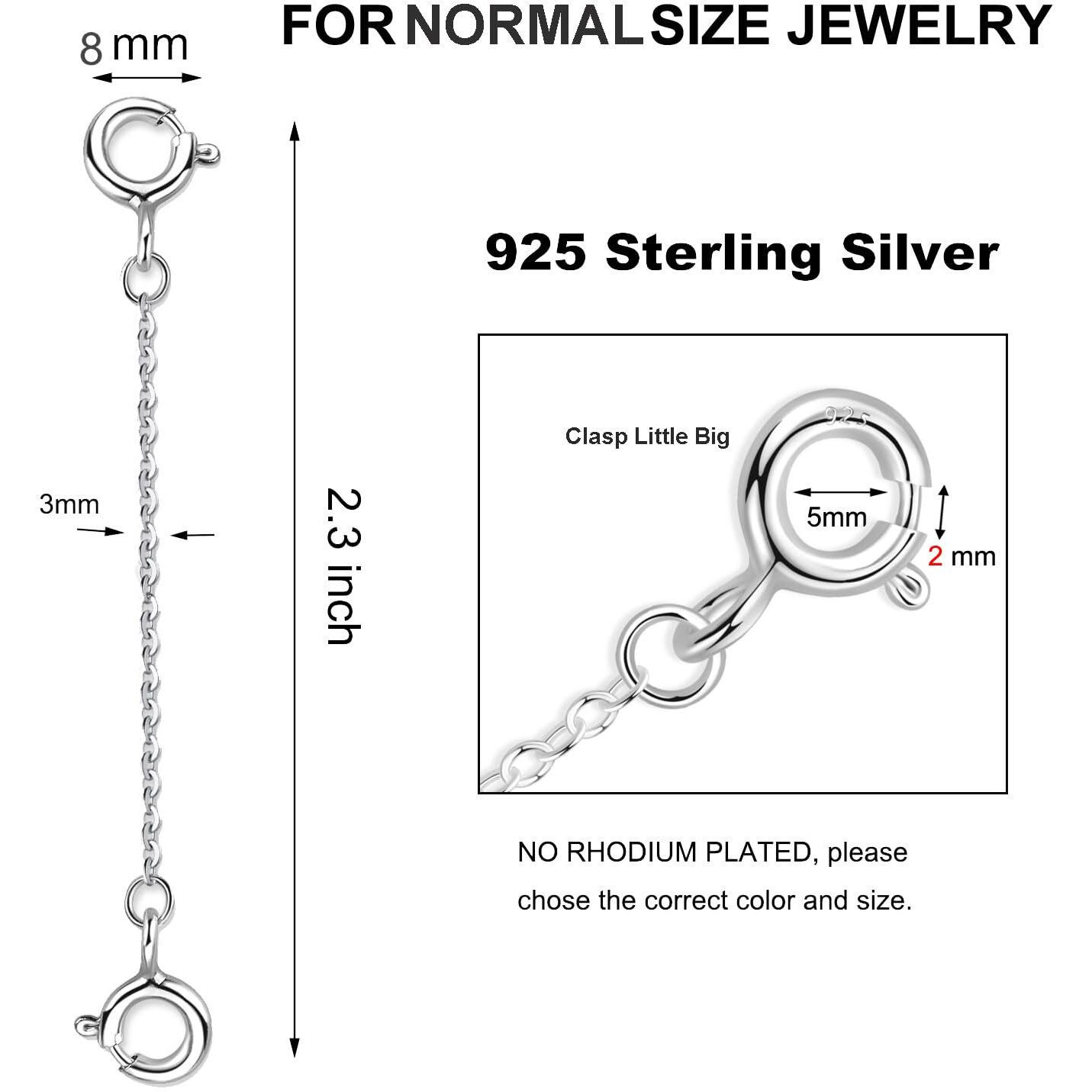 Necklace Extender Silver Sterling Chain Extension For Women Bracelet Safety Security Link For Normal Size Jewelry 3Mm Width 2.3 &quot&quot Length