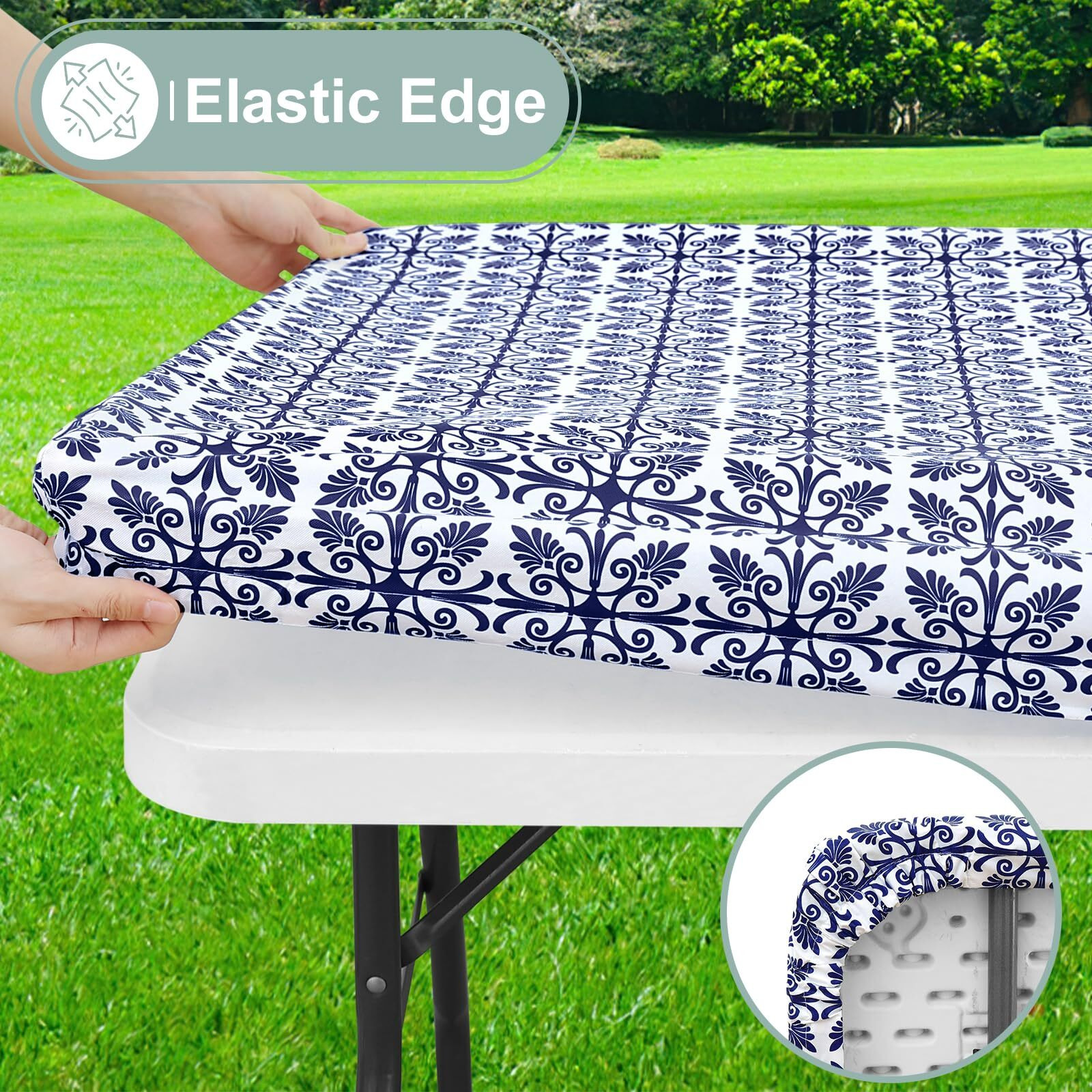Misaya Rectangle Vinyl Table Cloth  Elastic Fitted Flannel Backed Tablecloth  100% Waterproof Plastic Table Cover Fits 6 Foot Folding Tables For Picnic  Camping  Outdoor (Navy Blue  30 &quot&quot X 72 &quot&quot)