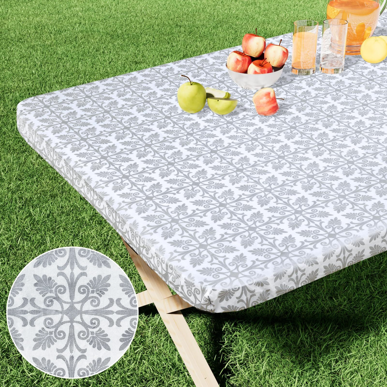 Misaya Rectangle Vinyl Table Cloth  Elastic Fitted Flannel Backed Tablecloth  100% Waterproof Plastic Table Cover Fits 6 Foot Folding Tables For Picnic  Camping  Outdoor (Silver Grey  30 "" X 72 "")