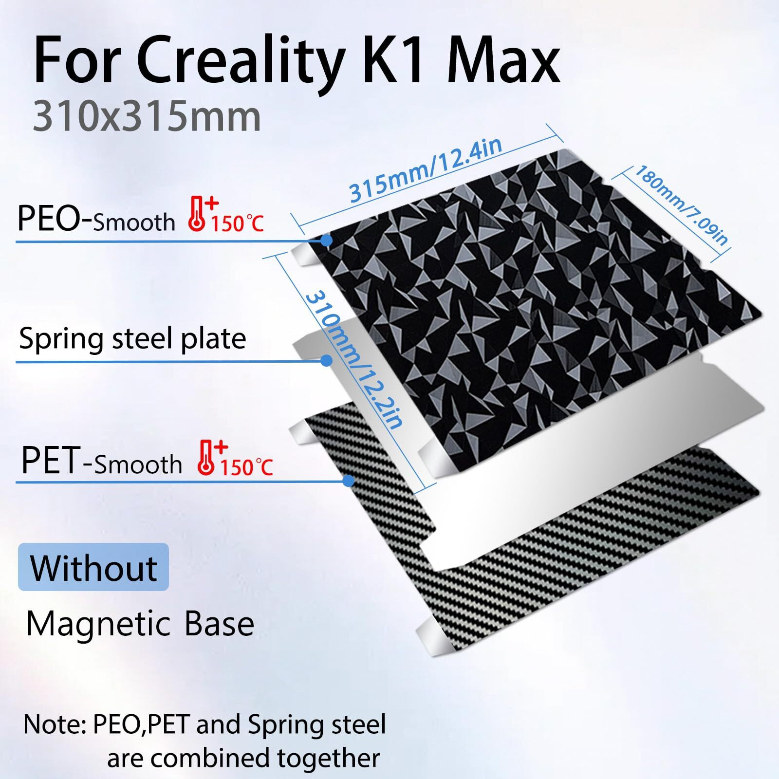 Wefuit 3D Printer Smooth Peo +Smooth Pet Build Plate Kit  Flexible Spring Steel Platform For K1 Max 310 X315Mm (Without Magnetic Base)