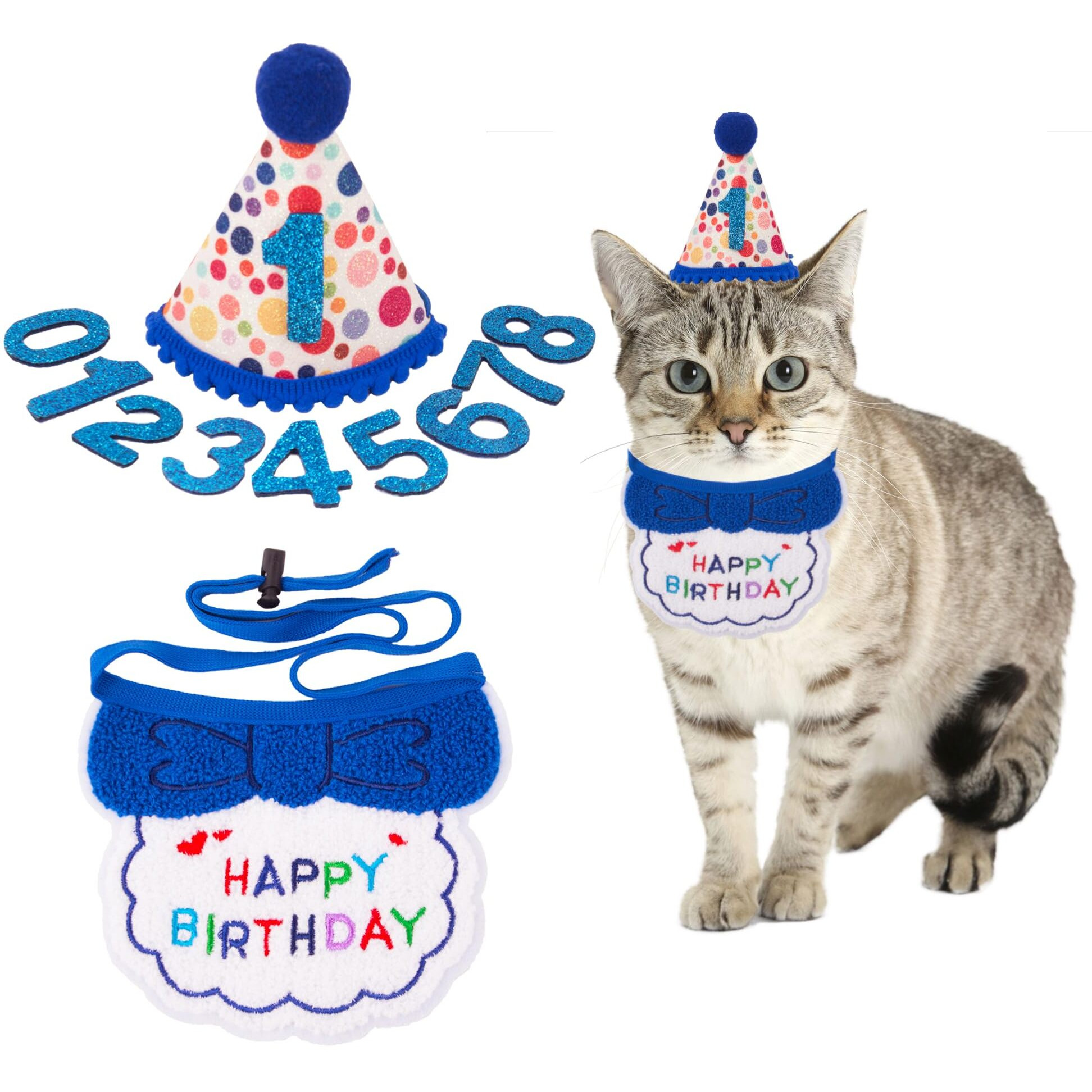 Adoggygo Cat Birthday Party Supplies  Blue Boy Cat Kitten Birthday Bandana Hat Numbers Pet Birthday Decorations Outfits