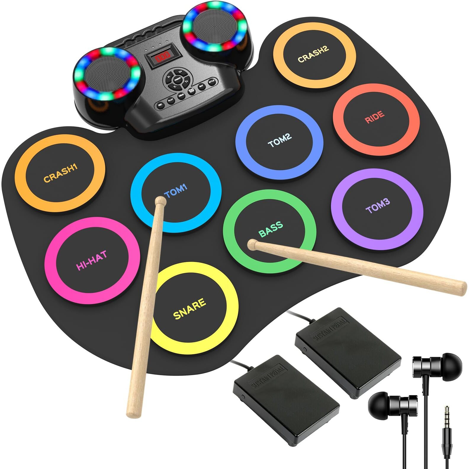 Rocksocki Electronic Drum Set 9Pads With Led Lights  Bluetooth Portable Electronic Drum Kit  Roll-Up Practice Drum Pad  Built-In Dual Speakers  Headphone  Holiday Birthday Gift For Kids