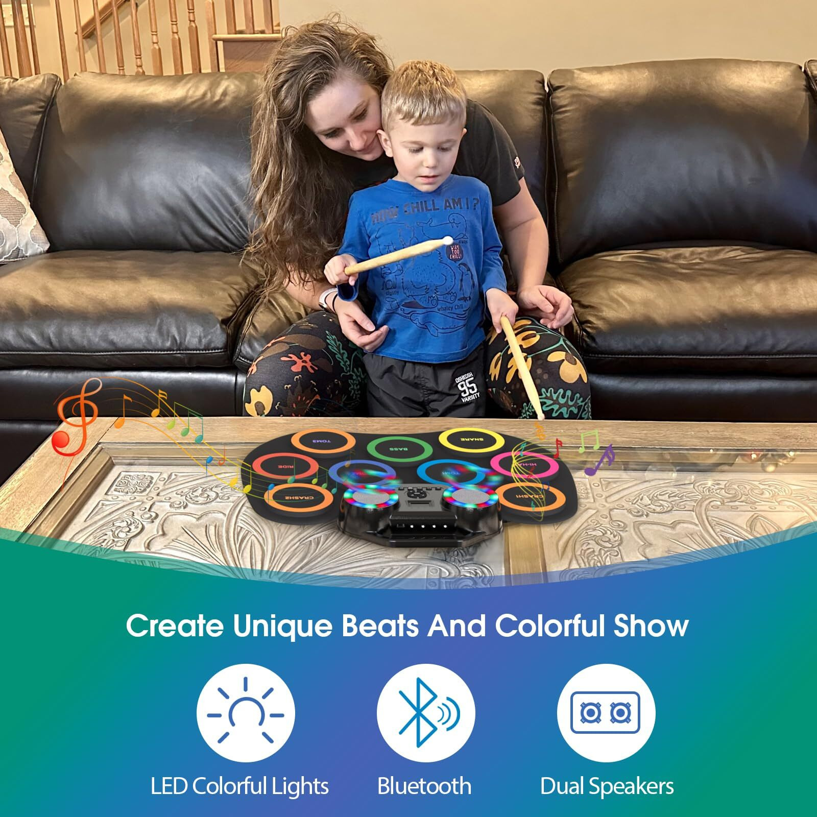 Rocksocki Electronic Drum Set 9Pads With Led Lights  Bluetooth Portable Electronic Drum Kit  Roll-Up Practice Drum Pad  Built-In Dual Speakers  Headphone  Holiday Birthday Gift For Kids