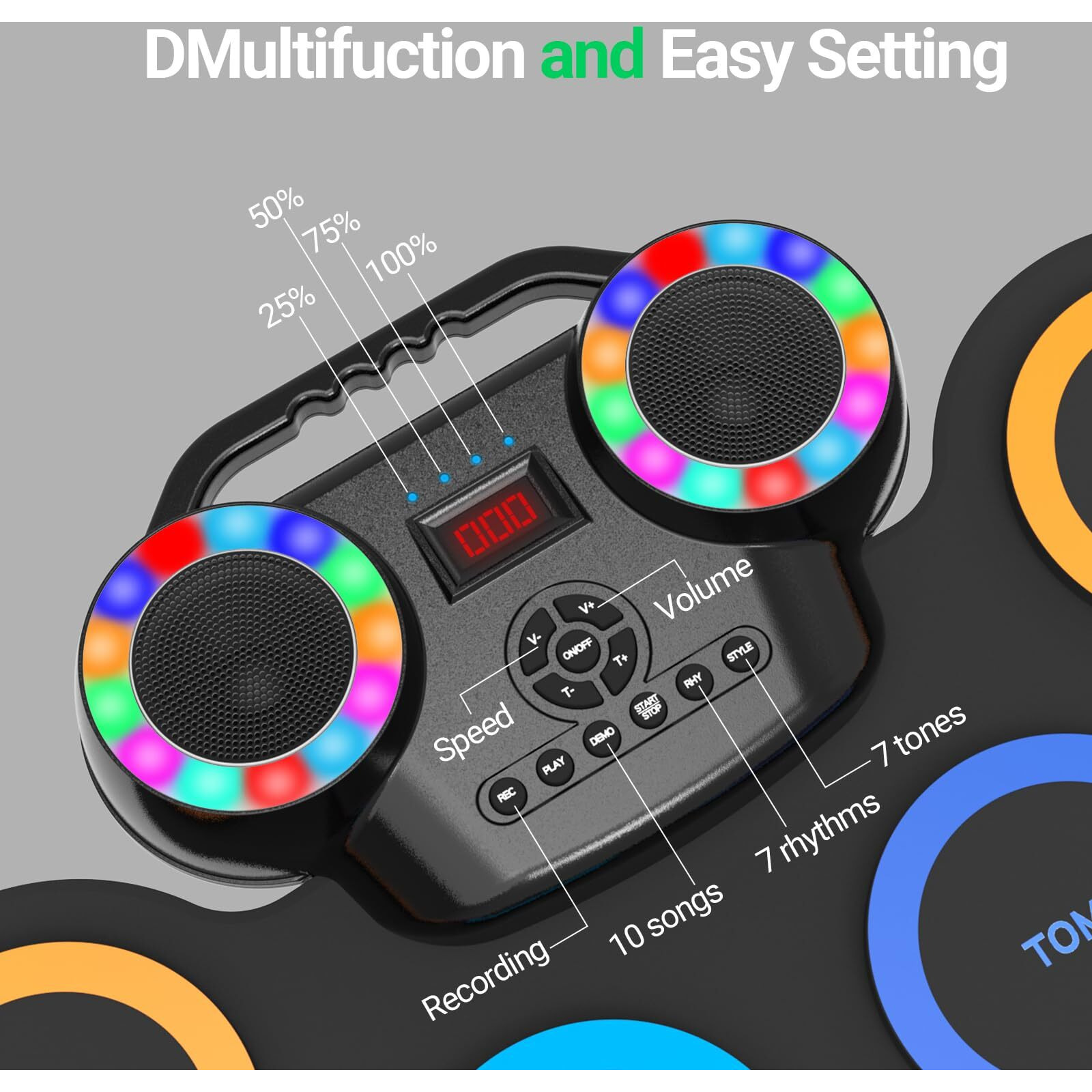 Rocksocki Electronic Drum Set 9Pads With Led Lights  Bluetooth Portable Electronic Drum Kit  Roll-Up Practice Drum Pad  Built-In Dual Speakers  Headphone  Holiday Birthday Gift For Kids