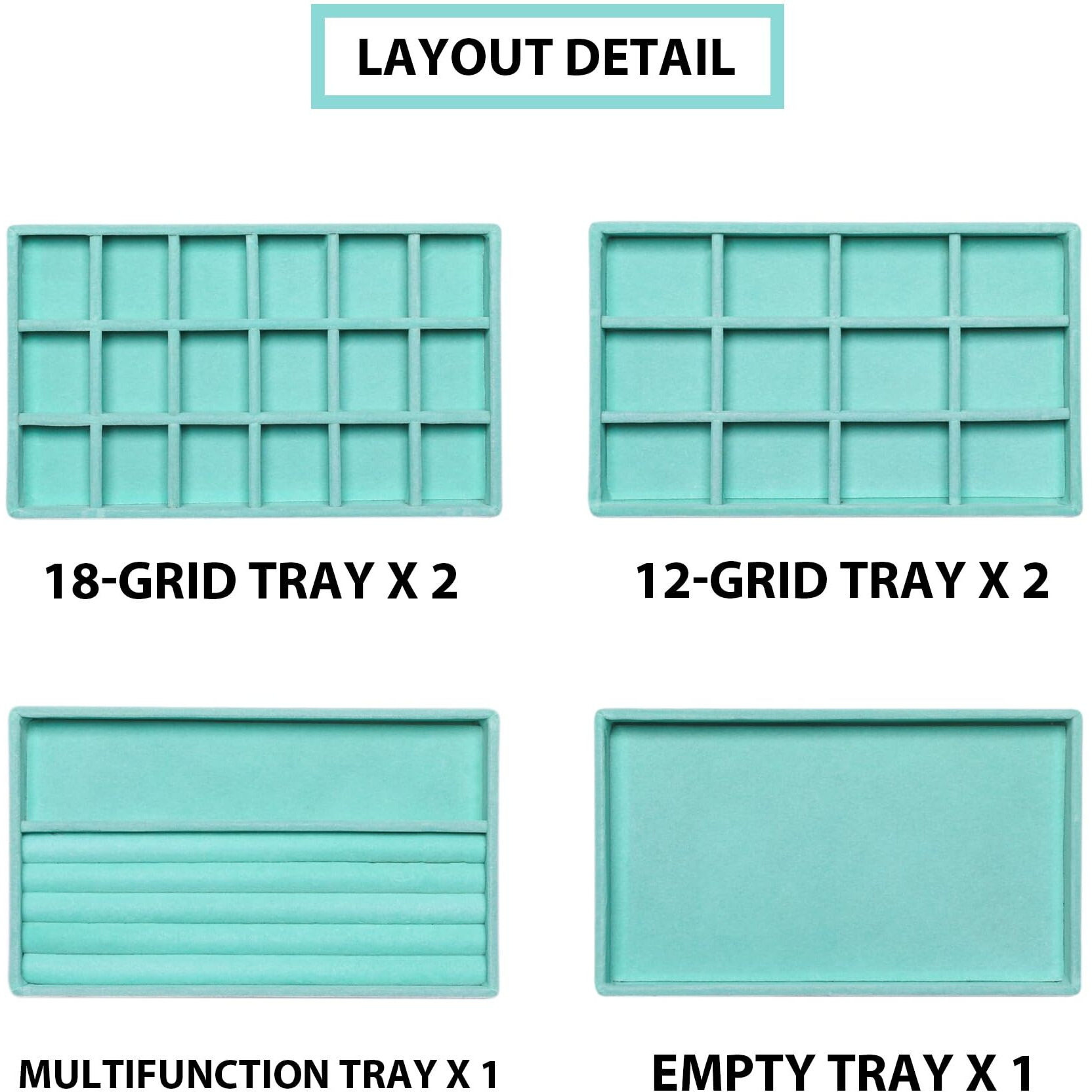 Frebeauty Jewelry Organizer Tray Stackable Velvet Jewelry Trays Drawer Inserts Earring Organizer For Women Jewelry Storage Display Case For Rings Stud Necklaces Set Of 6(Turquoise)