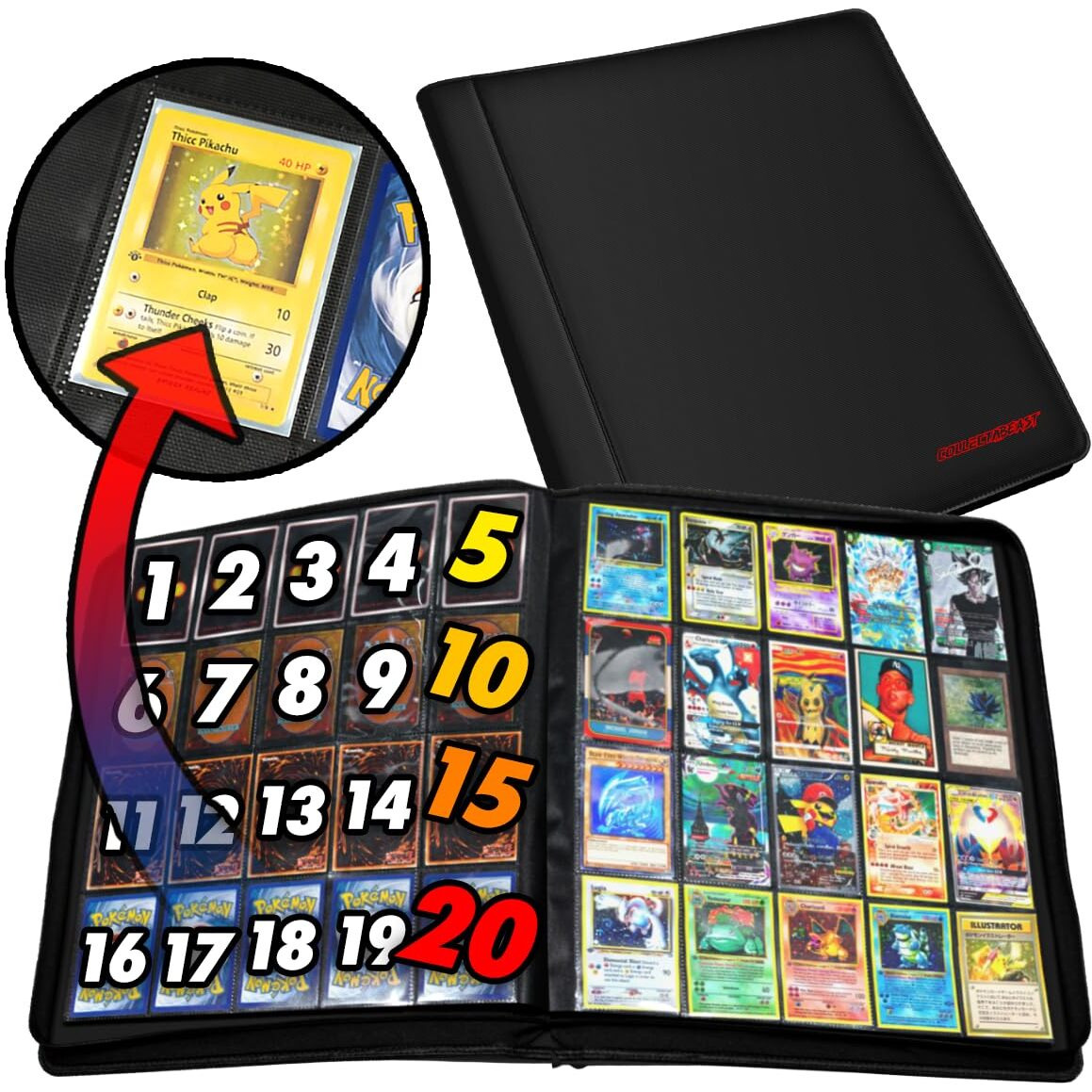 1280+ Cards 20 Pocket Card Binder Collector Card Album - Pages Compatible With Pokemon Cards  Sports Cards  Yugioh  Mtg And Other Tcg - Trading Card Sleeve With Side Loading Pockets (White/Red)