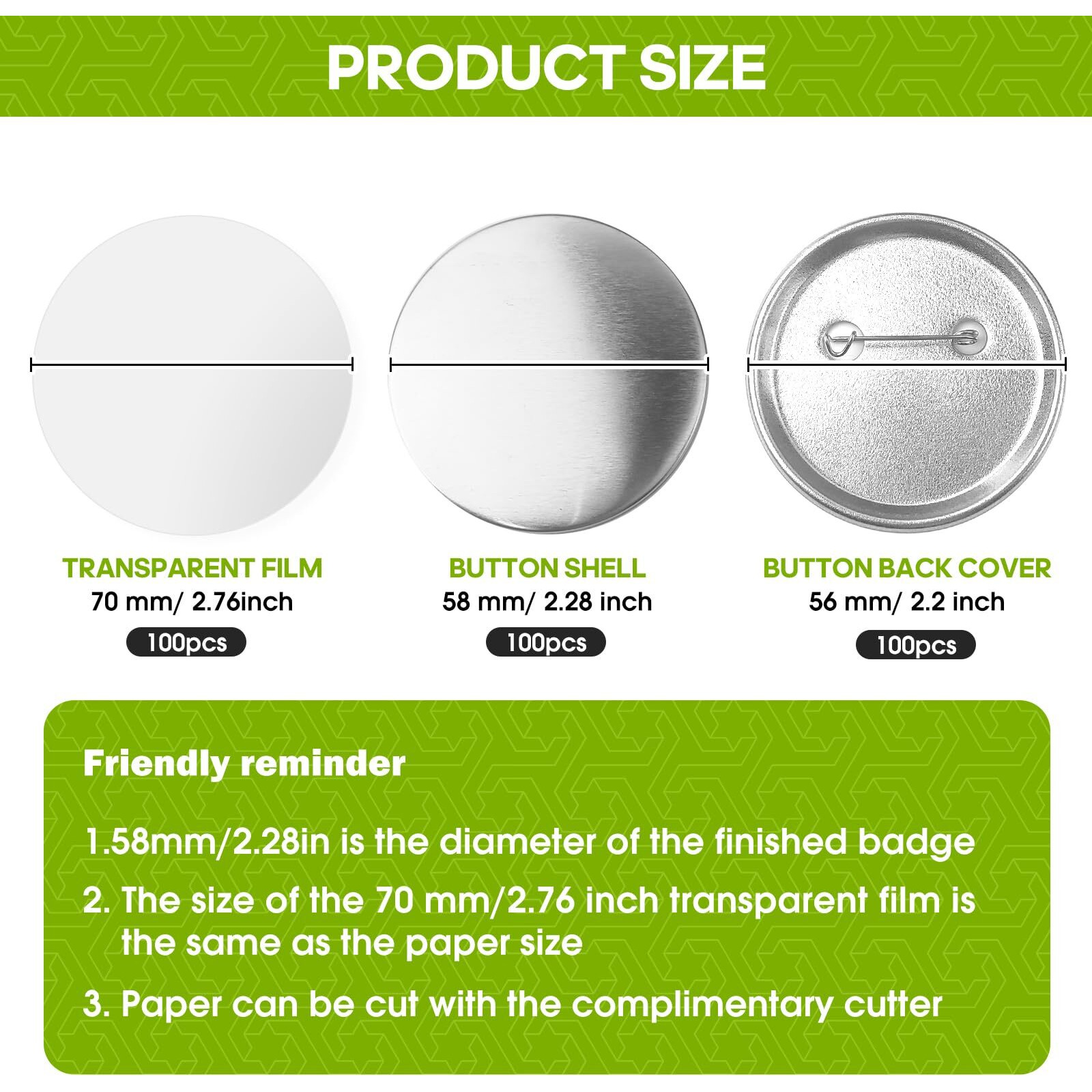 300 Pcs Button Maker Supplies  58Mm/2.28 Inch Button Supplies Parts  (Approx. 2.25 Inch) Round Badge Blank Button Pins  Includes Metal Pin Back Cover  Metal Cover  Clear Film