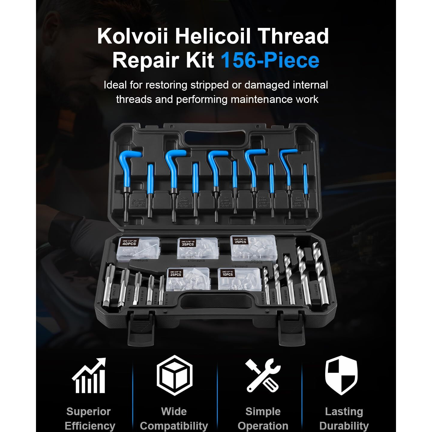 Kolvoii Helicoil Thread Repair Kit 156-Piece Sae Heli Coil Repair Kit With Hss Drill Bits Inserts Taps Break Off Tools  Universal Threaded Restorer Restoring Rethread