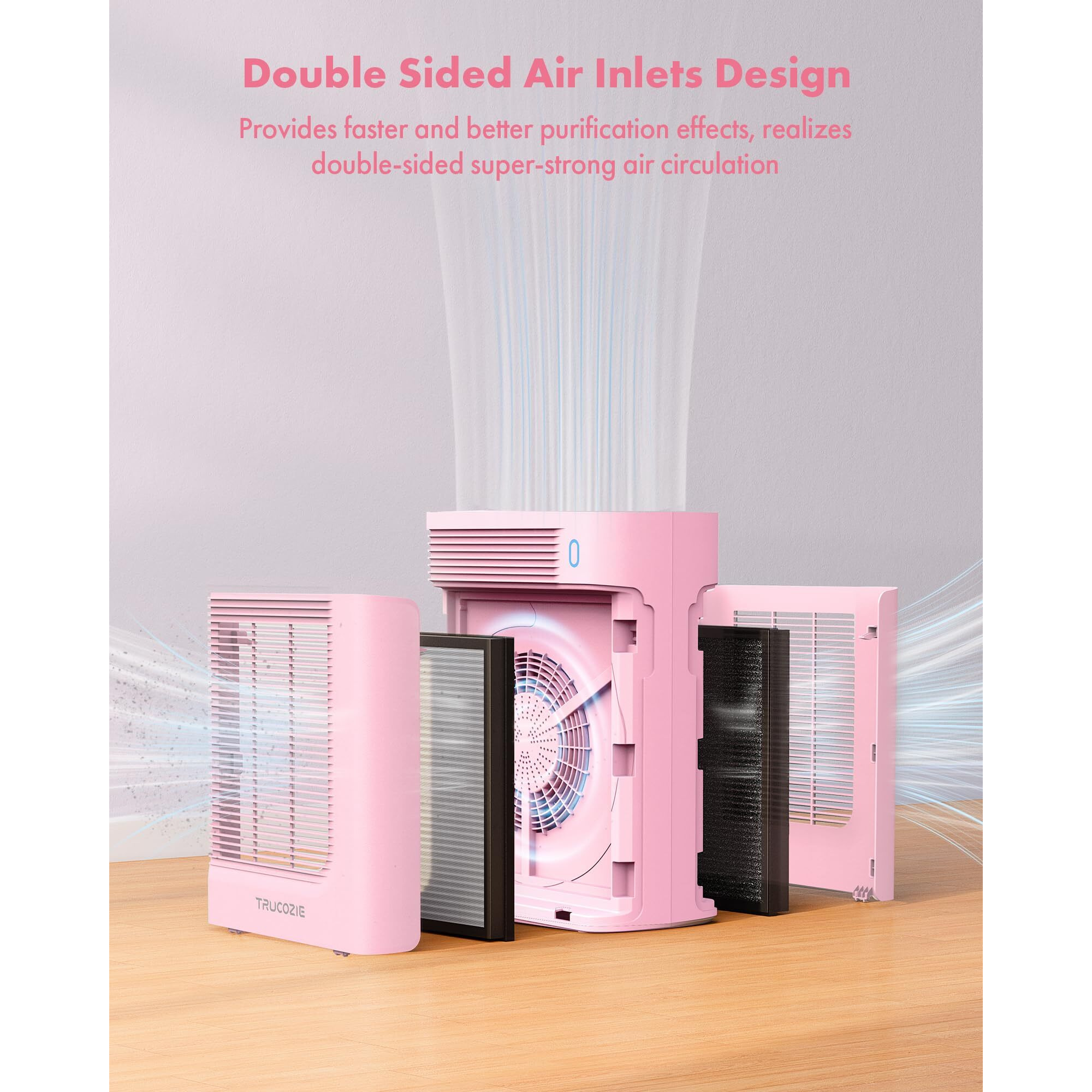 Trucozie Air Purifier For Home Large Room Bedroom Up To 1937 Ft In 1 Hr With Double-Sided Air Inlet  Air Quality And Light Sensors  Hepa Sleep Mode For Allergies  Dust  Pollen  Pet Hair  Pink