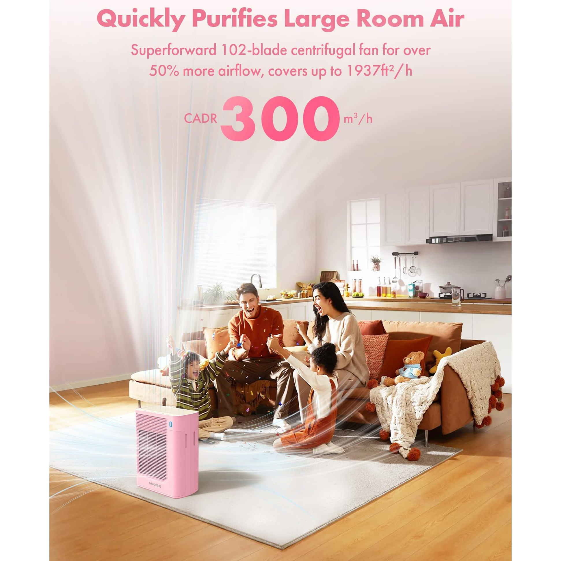Trucozie Air Purifier For Home Large Room Bedroom Up To 1937 Ft In 1 Hr With Double-Sided Air Inlet  Air Quality And Light Sensors  Hepa Sleep Mode For Allergies  Dust  Pollen  Pet Hair  Pink