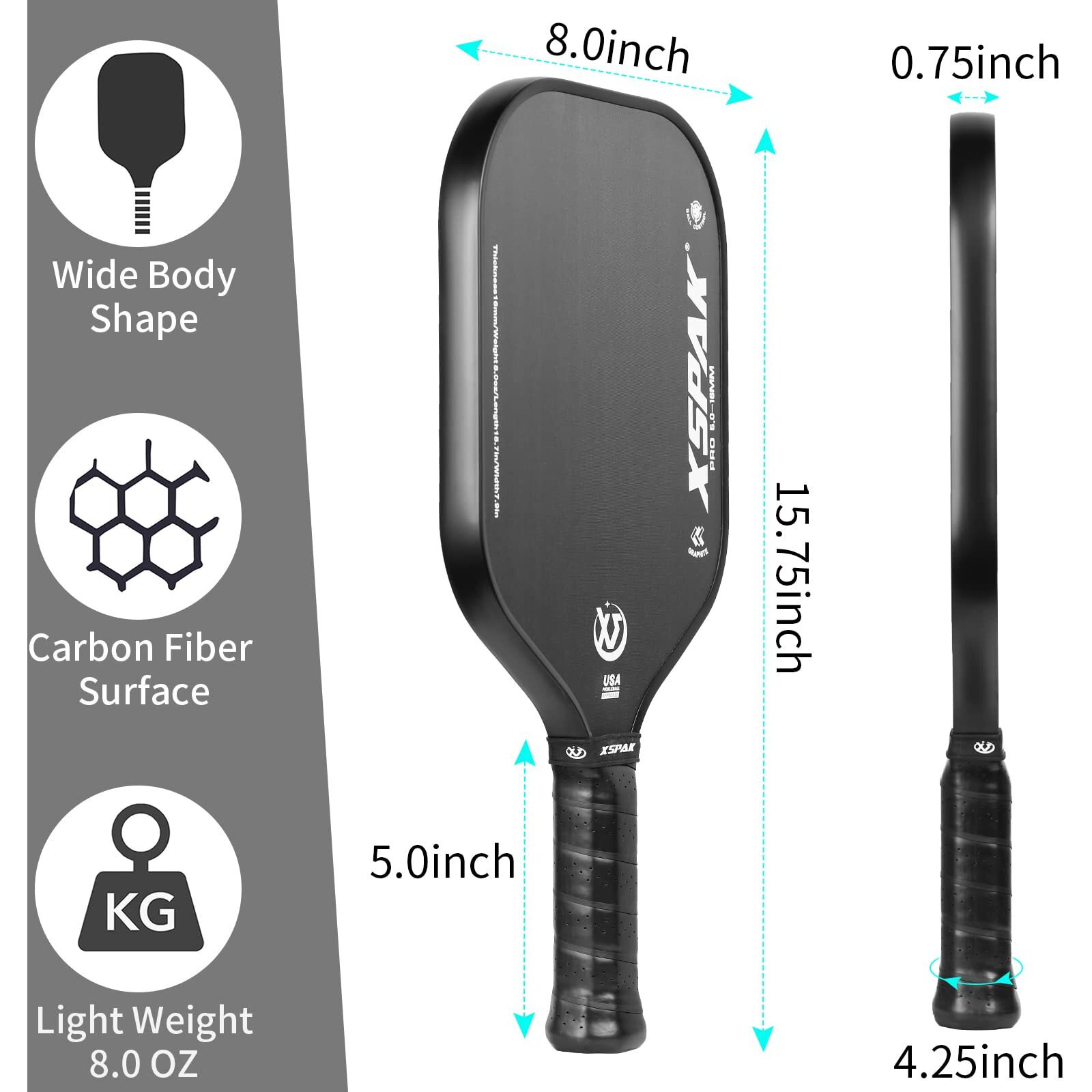 Xs Xspak Carbon Fiber Pickleball Paddle - Tournament Edition - World Champion Surface Technology Options Pickleball Racket - Usapa Polypropylene Honeycomb Paddle With Cushion Comfort Grip