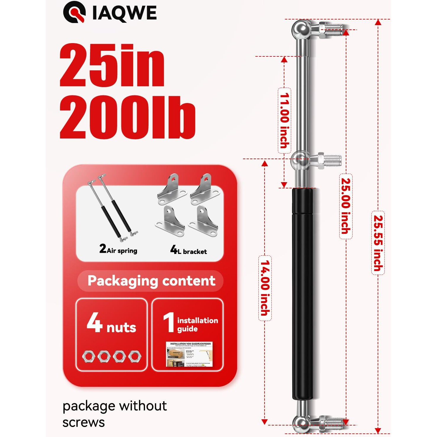 Iaqwe 25Inch 200Lbs/890N Gas Struts Springs Shocks Lift Support With L-Type Mounts For Boat Cover Rv Bed Storage Heavy Duty Toolbox Lid Trash Bin Cabinet Trap Door Trailer Floor Hatch 2Pcs