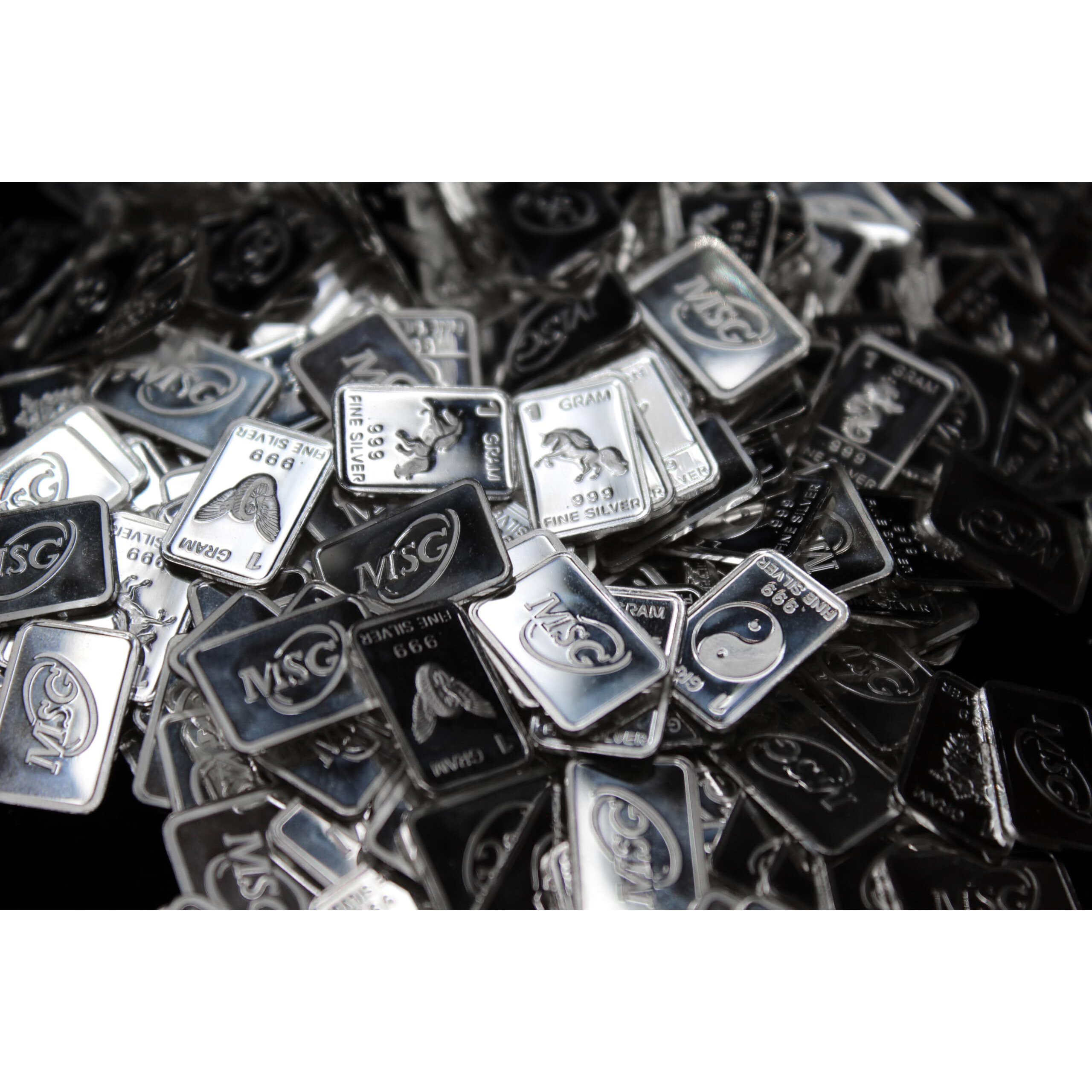 Mint State Gold Ten (10) One Gram .999 Pure Silver Bars With Random Designs In A Jewelry Pouch