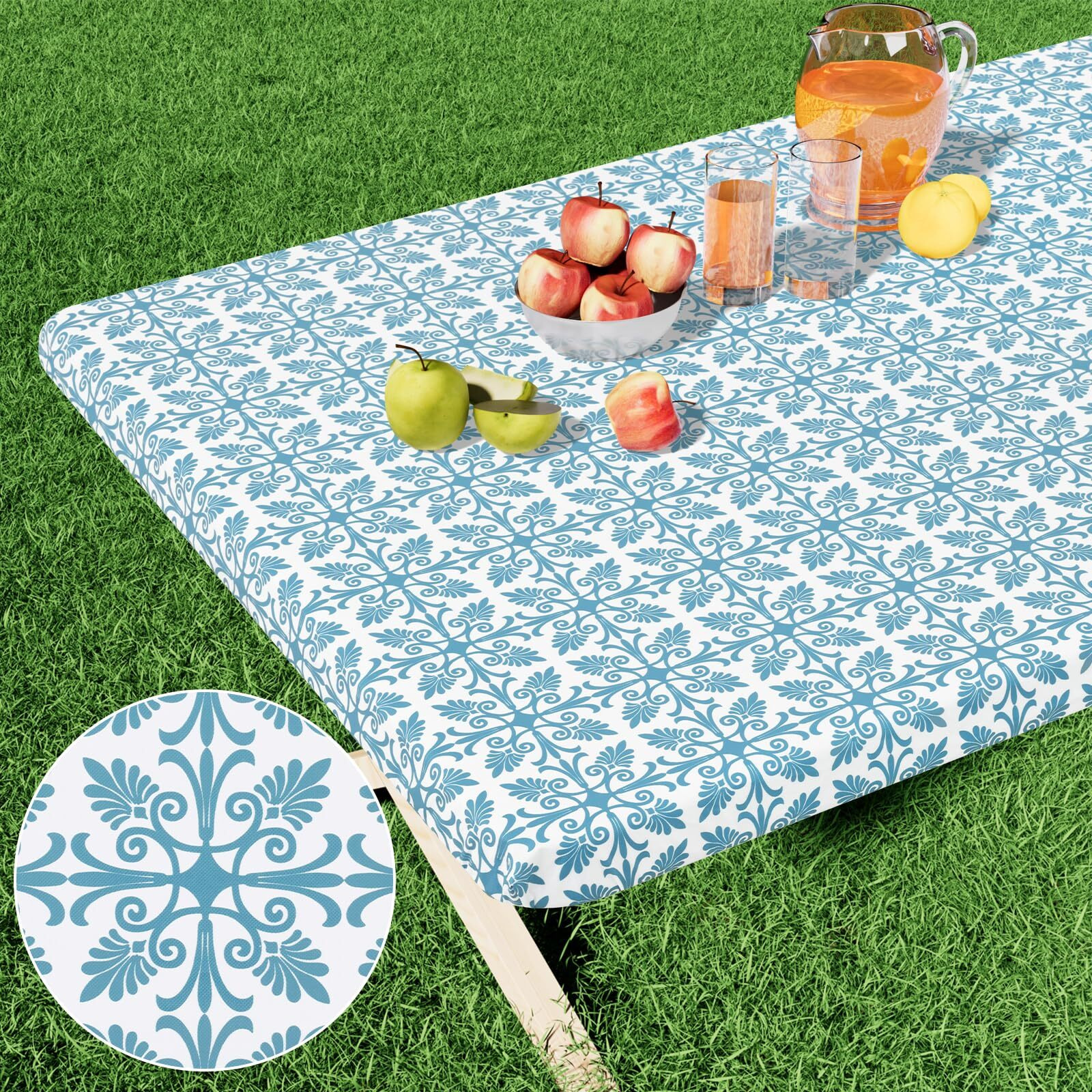 Misaya Rectangle Vinyl Table Cloth  Elastic Fitted Flannel Backed Tablecloth  100% Waterproof Plastic Table Cover Fits 5 Foot Folding Tables For Picnic  Camping  Outdoor (Aqua  30 "" X 60 "")