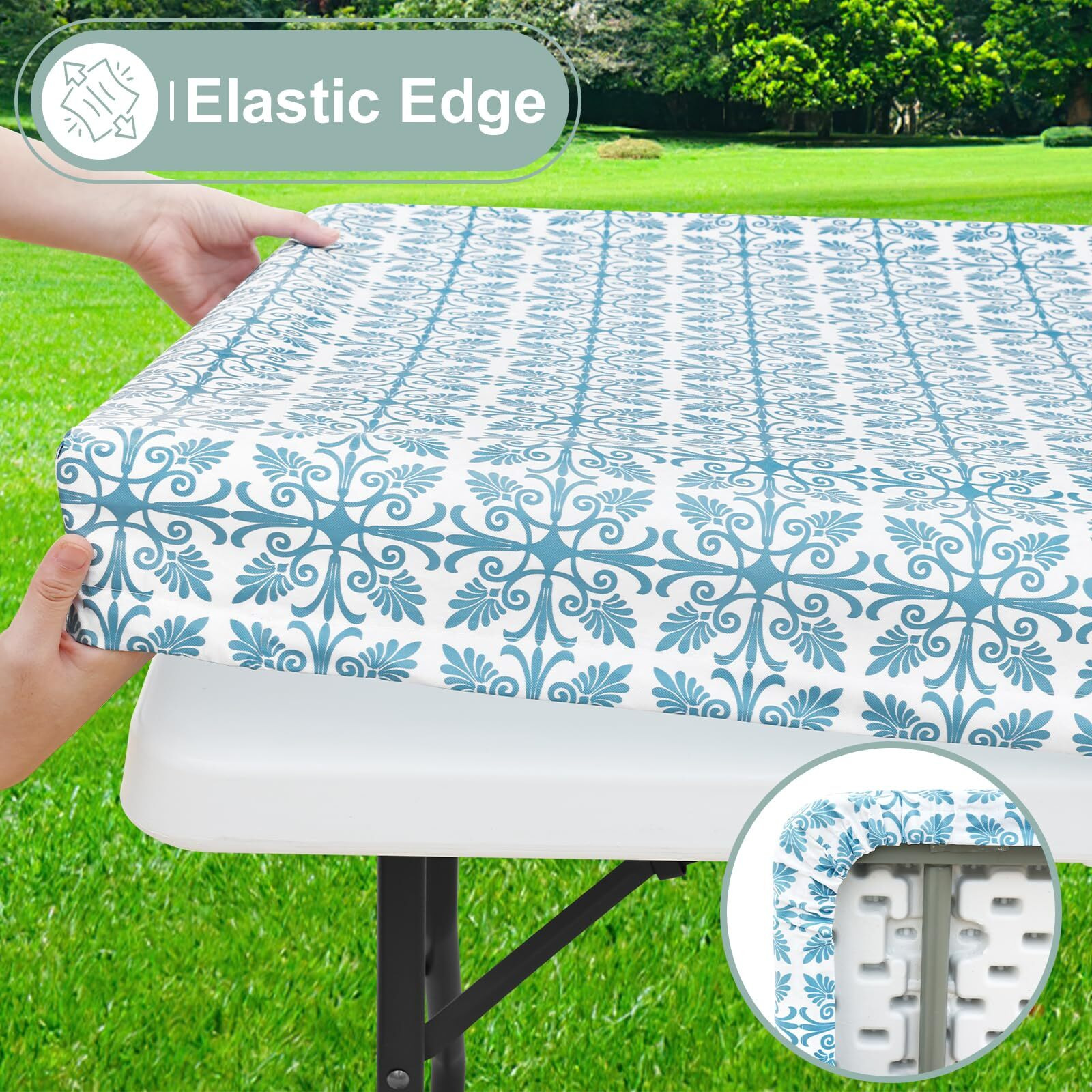 Misaya Rectangle Vinyl Table Cloth  Elastic Fitted Flannel Backed Tablecloth  100% Waterproof Plastic Table Cover Fits 5 Foot Folding Tables For Picnic  Camping  Outdoor (Aqua  30 "" X 60 "")