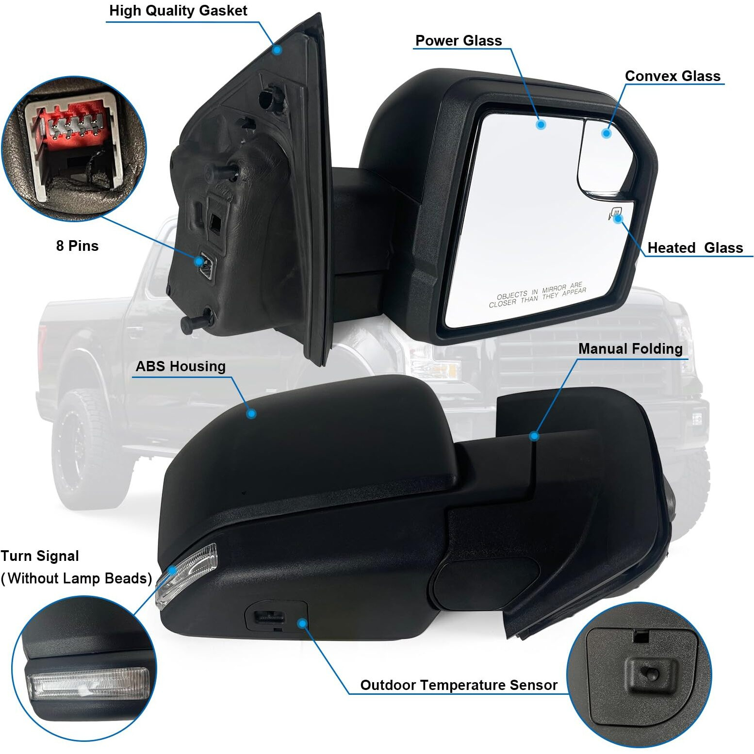 Lqito Right Passenger Side Mirror With Power Glass  Outdoor Temperature Sensor Turn Signal And Manual Folding Fits 2015-2020 Ford F150 Without Heated Replace Jl3Z17682Ca (8 Pins)