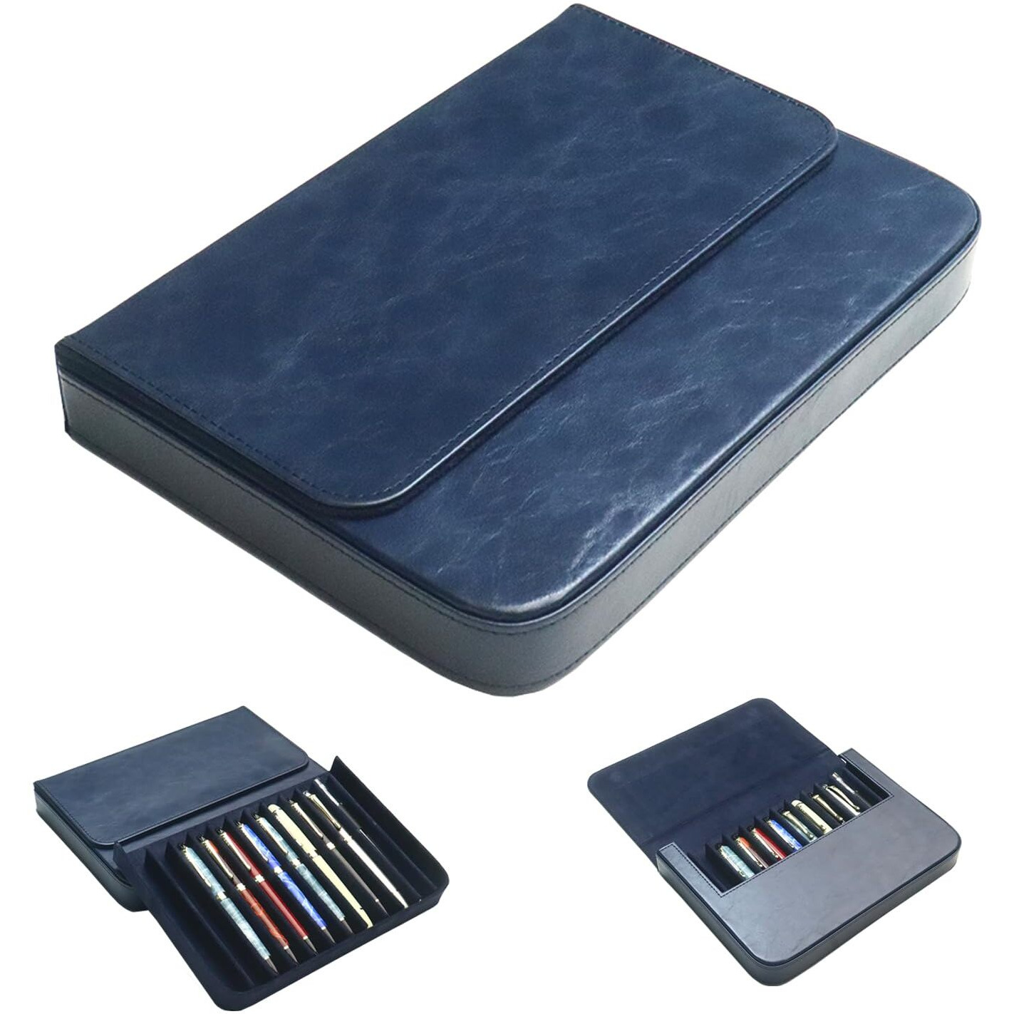Mivlxlx Leather 12 Fountain Pen/Pencil Tray Case Organizer  Fashion Design  Handmade  Magnetic Closure With Drawer  Christmas Gift For Man/Woman/Office  12 Slots(Blue)