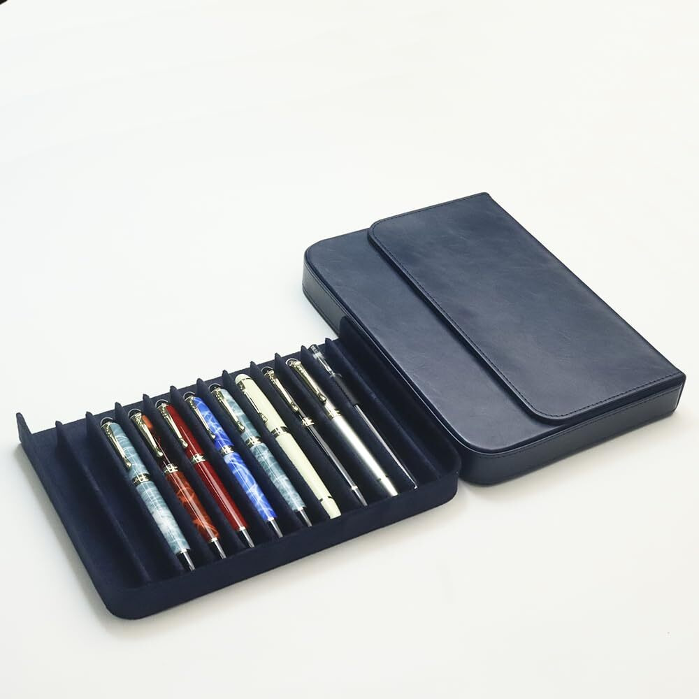 Mivlxlx Leather 12 Fountain Pen/Pencil Tray Case Organizer  Fashion Design  Handmade  Magnetic Closure With Drawer  Christmas Gift For Man/Woman/Office  12 Slots(Blue)