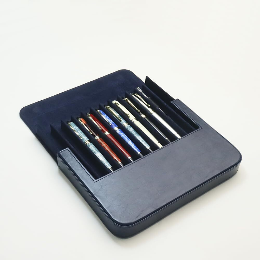 Mivlxlx Leather 12 Fountain Pen/Pencil Tray Case Organizer  Fashion Design  Handmade  Magnetic Closure With Drawer  Christmas Gift For Man/Woman/Office  12 Slots(Blue)