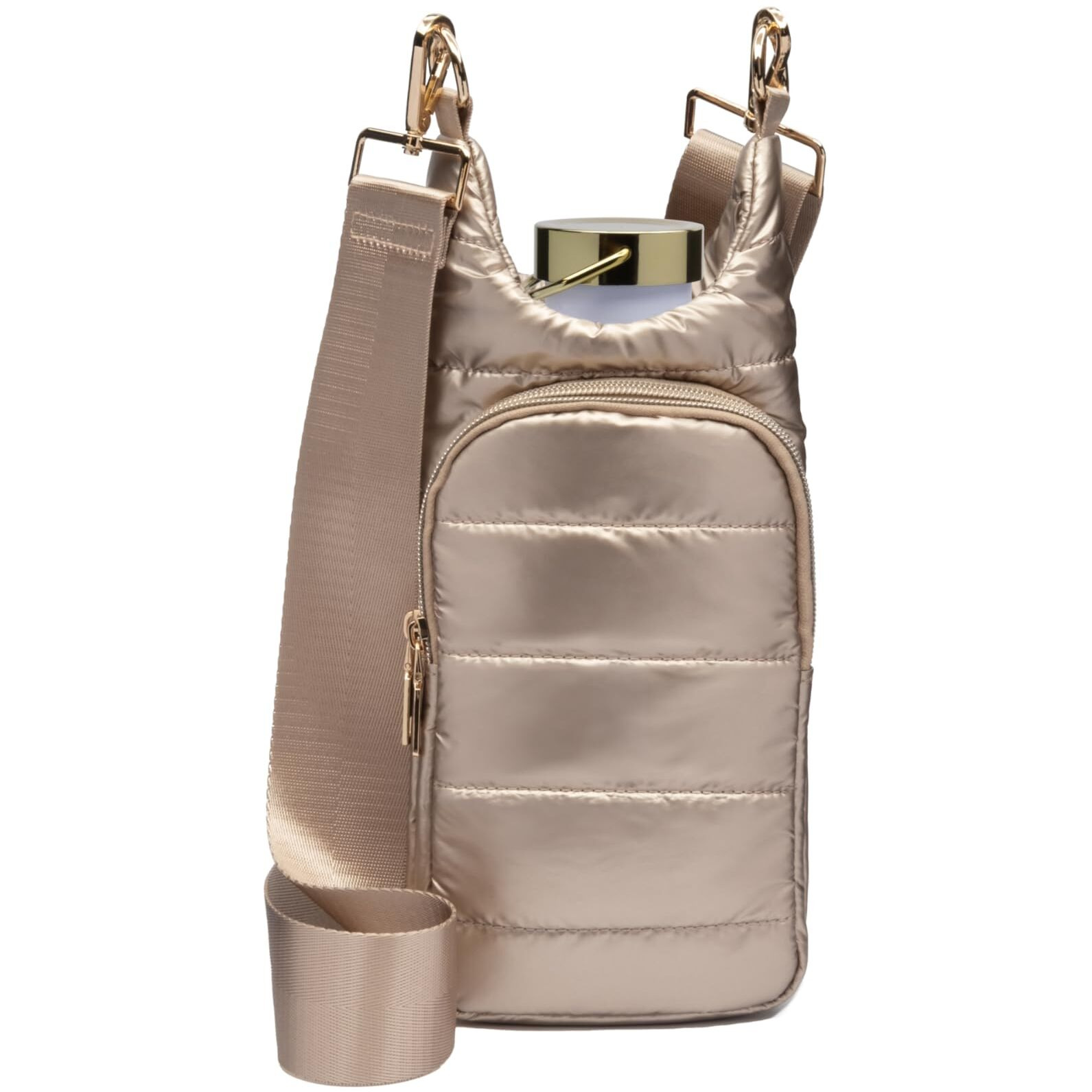 Wanderfull Original Hydrobag | Quilted Water Bottle Holder Crossbody Bag With Pockets And Strap | Carry 32 Oz Water Bottle  Tumbler  Phone  Purse | Shiny Gold  Solid Gold Strap