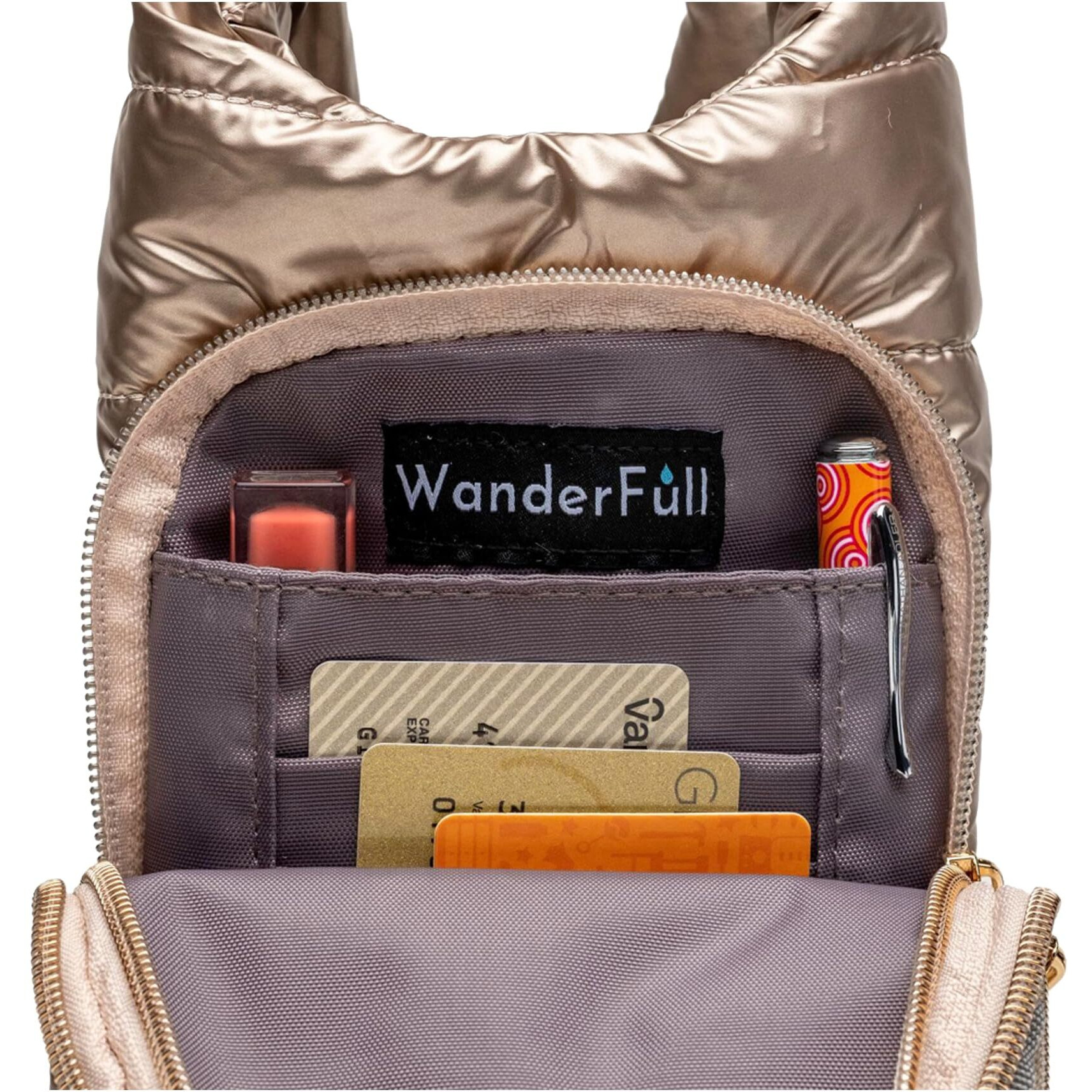 Wanderfull Original Hydrobag | Quilted Water Bottle Holder Crossbody Bag With Pockets And Strap | Carry 32 Oz Water Bottle  Tumbler  Phone  Purse | Shiny Gold  Solid Gold Strap