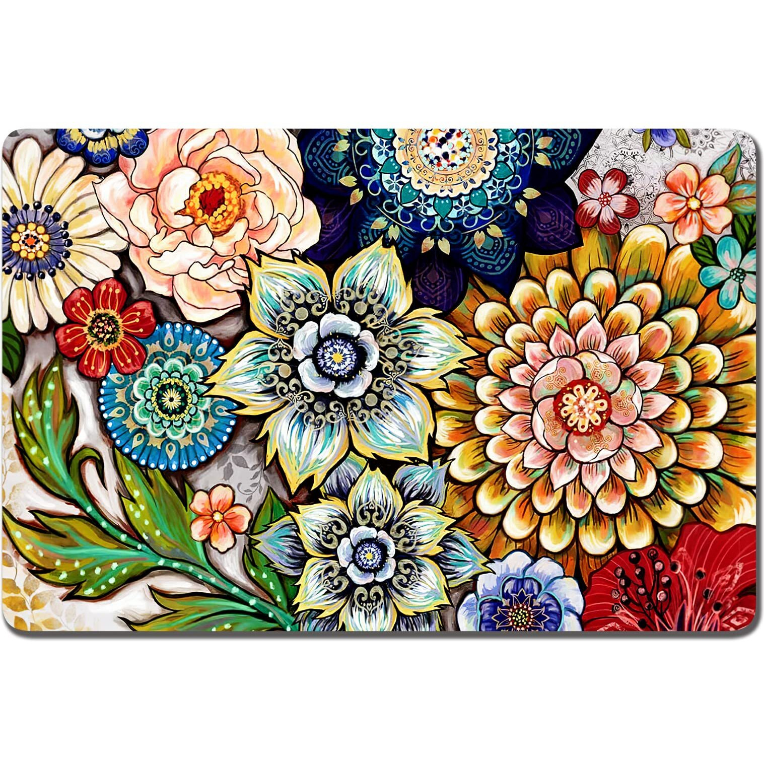 Rnivvi Dog Food Mat  16 "" X 24 "" Flower Absorbent Dog Cat Bowl Mat For Food And Water  Cute Anti-Slip Rubber Pet Feeding Rug Protect Floors  Puppy Placemat For Feeding & Watering Supplies Mandala Floral