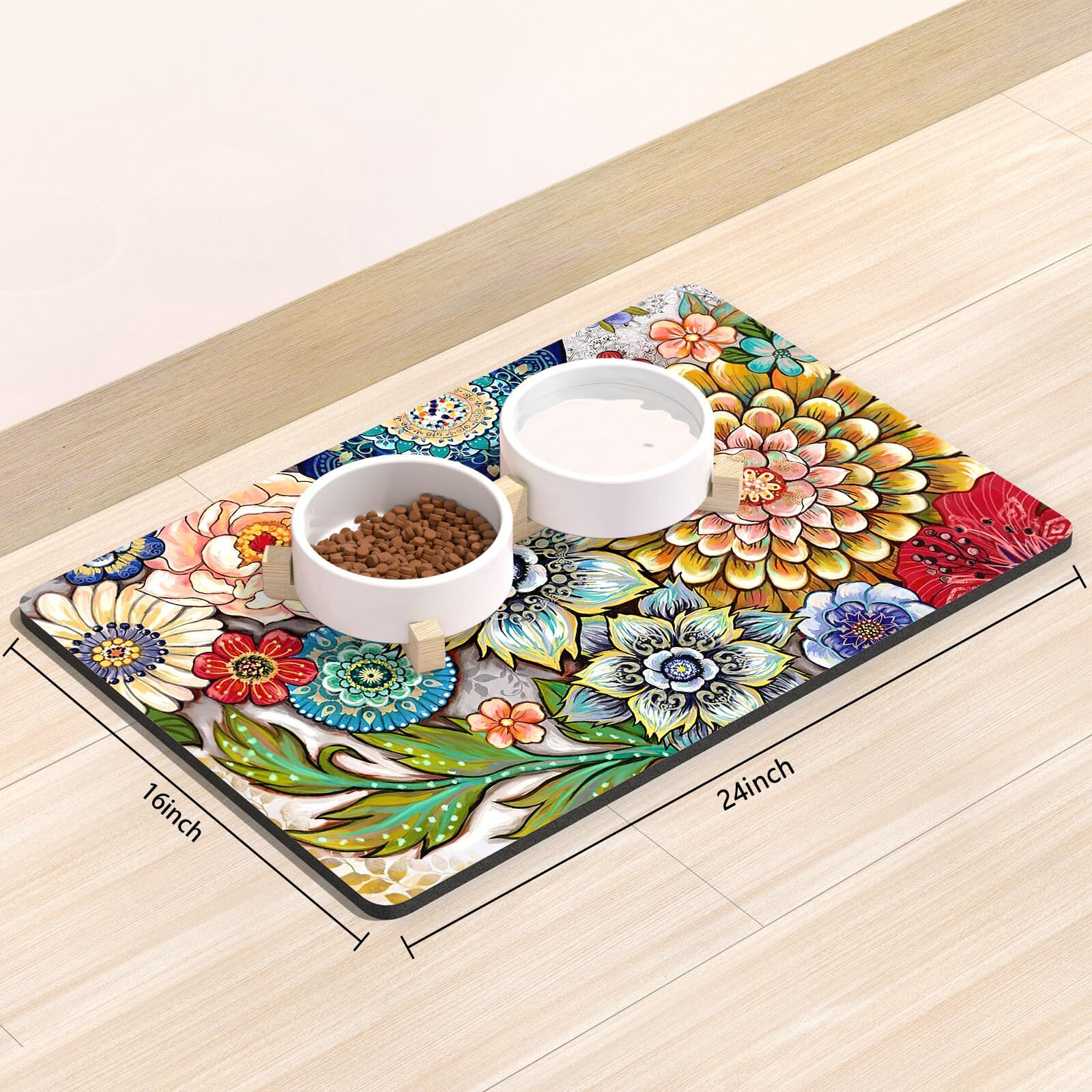 Rnivvi Dog Food Mat  16 "" X 24 "" Flower Absorbent Dog Cat Bowl Mat For Food And Water  Cute Anti-Slip Rubber Pet Feeding Rug Protect Floors  Puppy Placemat For Feeding & Watering Supplies Mandala Floral