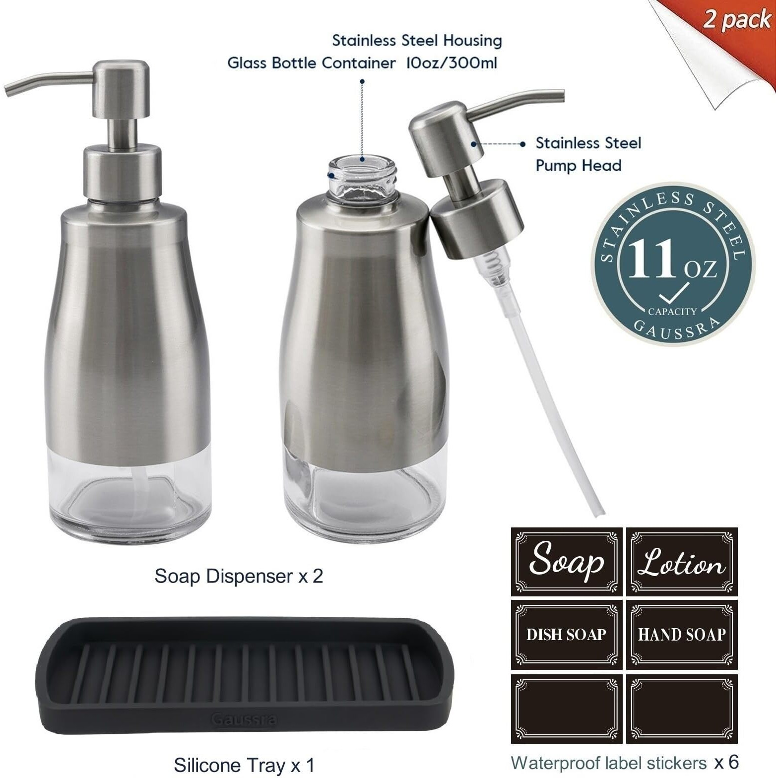 Gaussra Kitchen Soap Dispenser Set With Silicone Tray And Stickers - Brushed Nickel  Stainless Steel Glass Soap Dispenser Bathroom  Refillable Hand Dish Soap Dispenser For Kitchen Sink