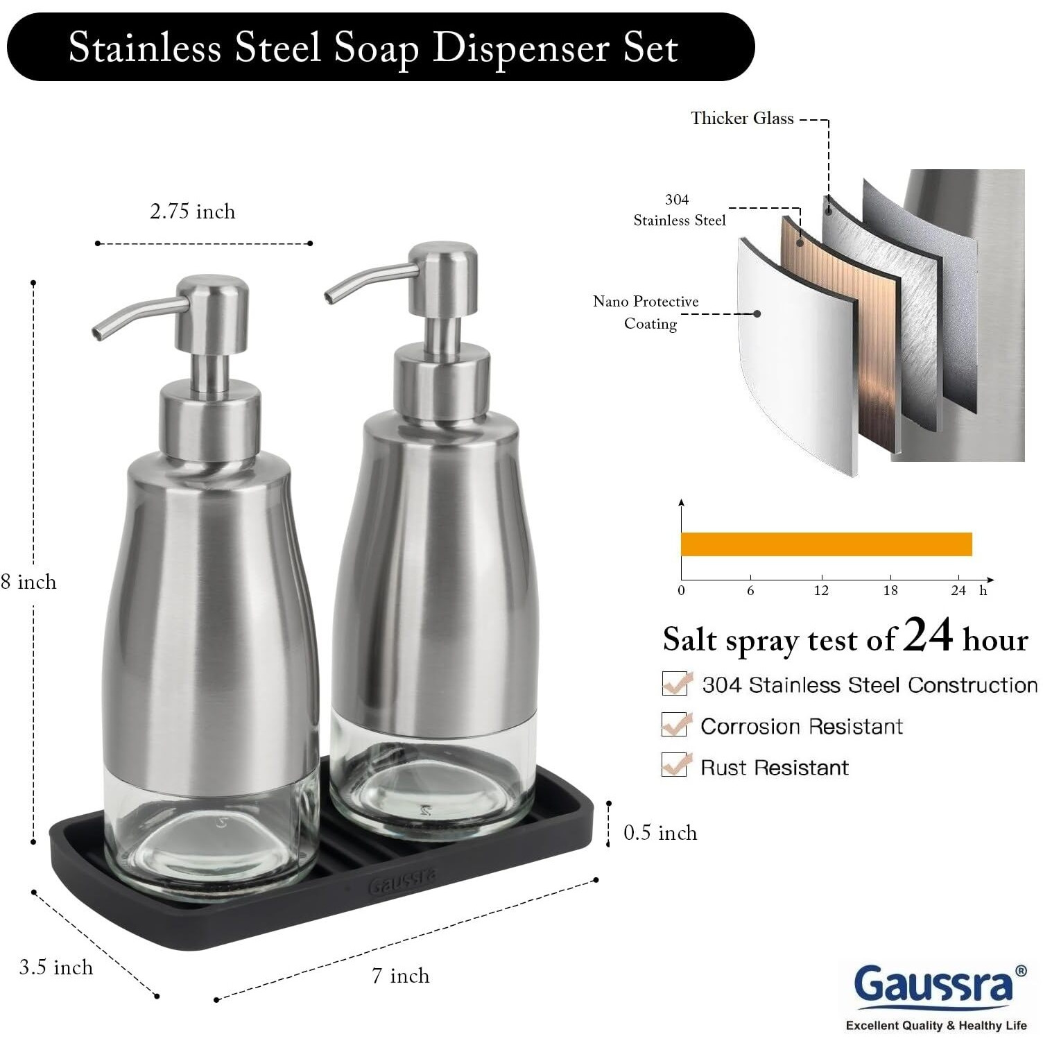 Gaussra Kitchen Soap Dispenser Set With Silicone Tray And Stickers - Brushed Nickel  Stainless Steel Glass Soap Dispenser Bathroom  Refillable Hand Dish Soap Dispenser For Kitchen Sink